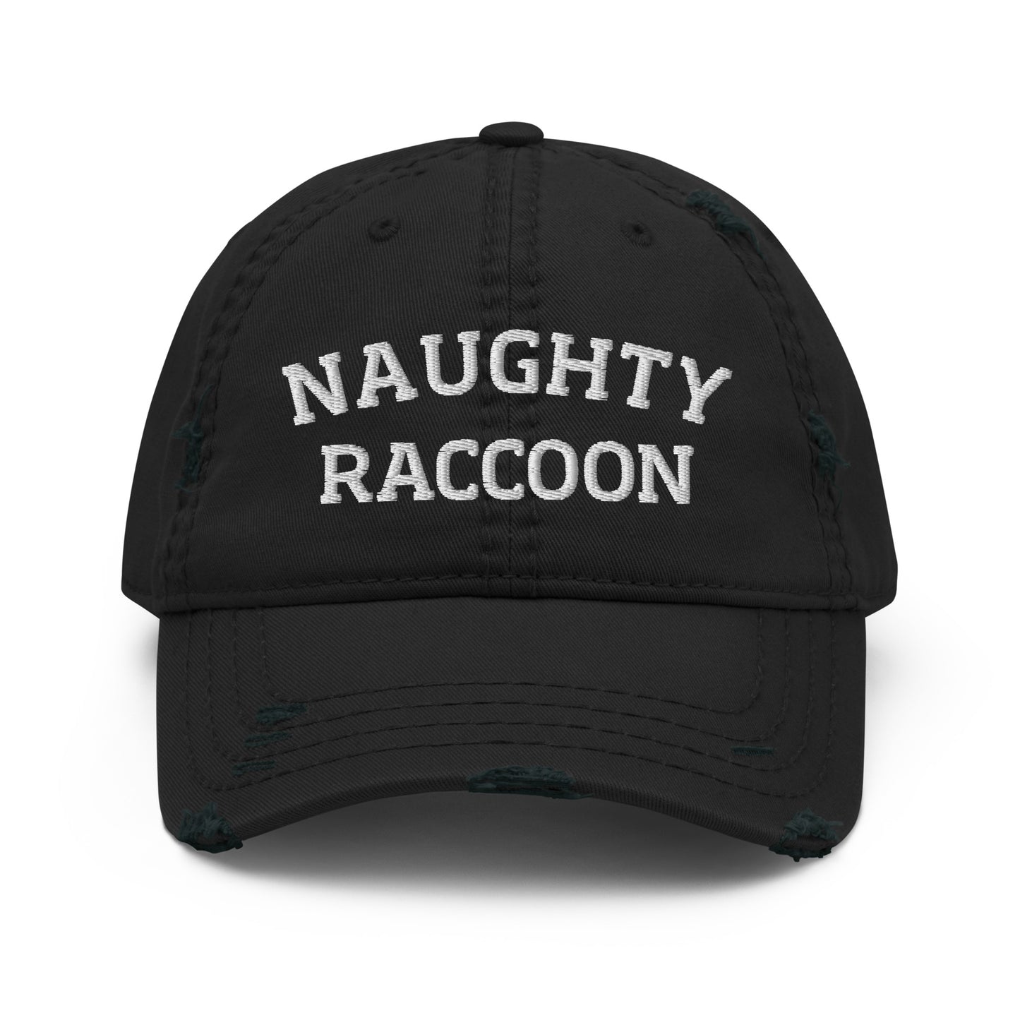 Black naughty raccoon dad hat from Nina's Funky Shop by ninanush - This naughty raccoon dad hat is comfortable, with a unique raccoon embroidery and a stylish distressed fabric. Stand out with our raccoon dad hat and add a little personality to your style. The perfect funny dad hat for raccoon enthusiasts. It's a weird raccoon hat that's designed by Nina and made just for you.