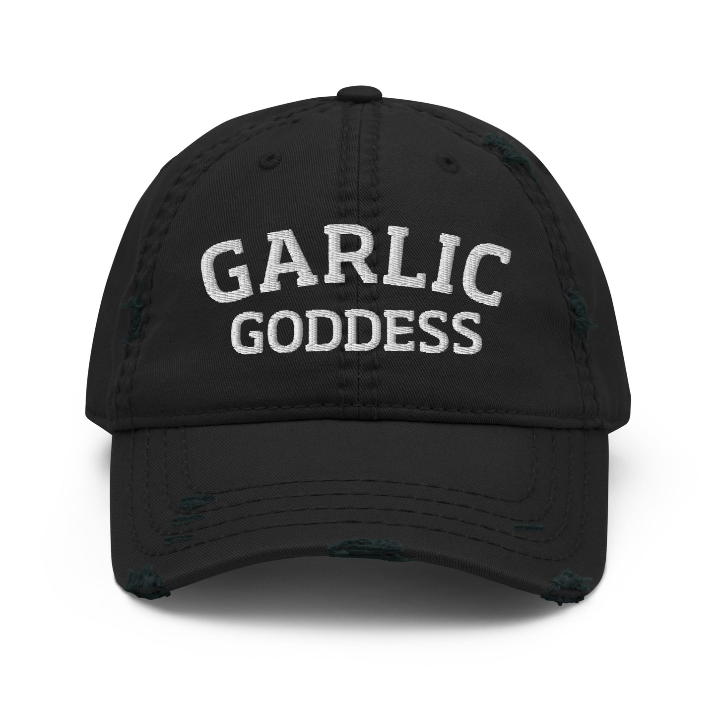 Black garlic goddess hat from Nina's Funky Shop by ninanush - This garlic goddess dad hat is comfortable, with a unique text embroidery and a stylish distressed fabric. Stand out in a garlic goddess hat and add some personality to your style in this funny dad hat for garlic enthusiasts. It's a weird hat that celebrates garlic and the perfect dad hat for foodies and garlic lovers.