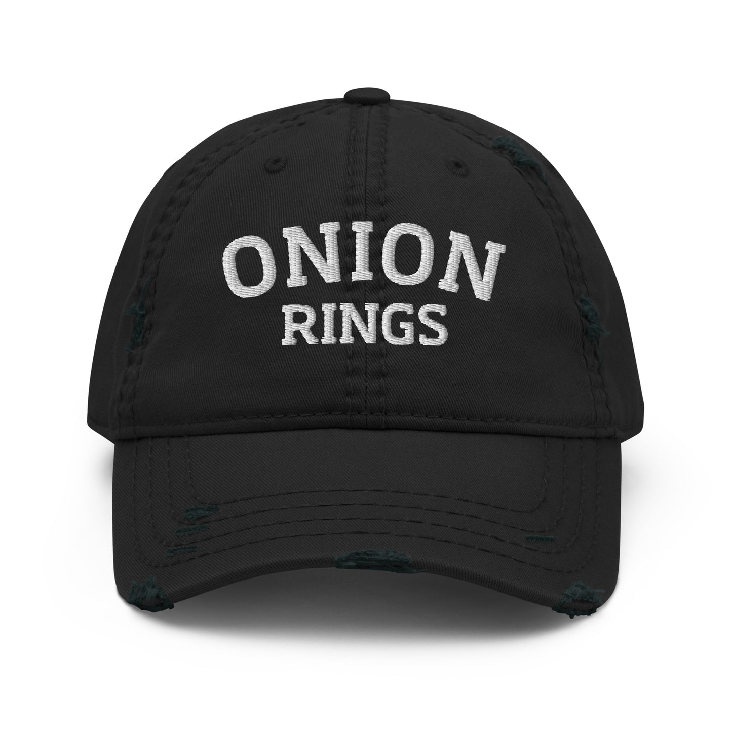 Black onion ring dad hat from Nina's Funky Shop by ninanush - Onion rings! This onion rings dad hat is comfortable with a stylish distressed fabric. Stand out and add a little personality to your everyday outfits in this funny dad hat for onion ring enthusiasts. It's a weird hat that celebrates this classic fried delicacy and the perfect dad hat for foodies of all kinds. 