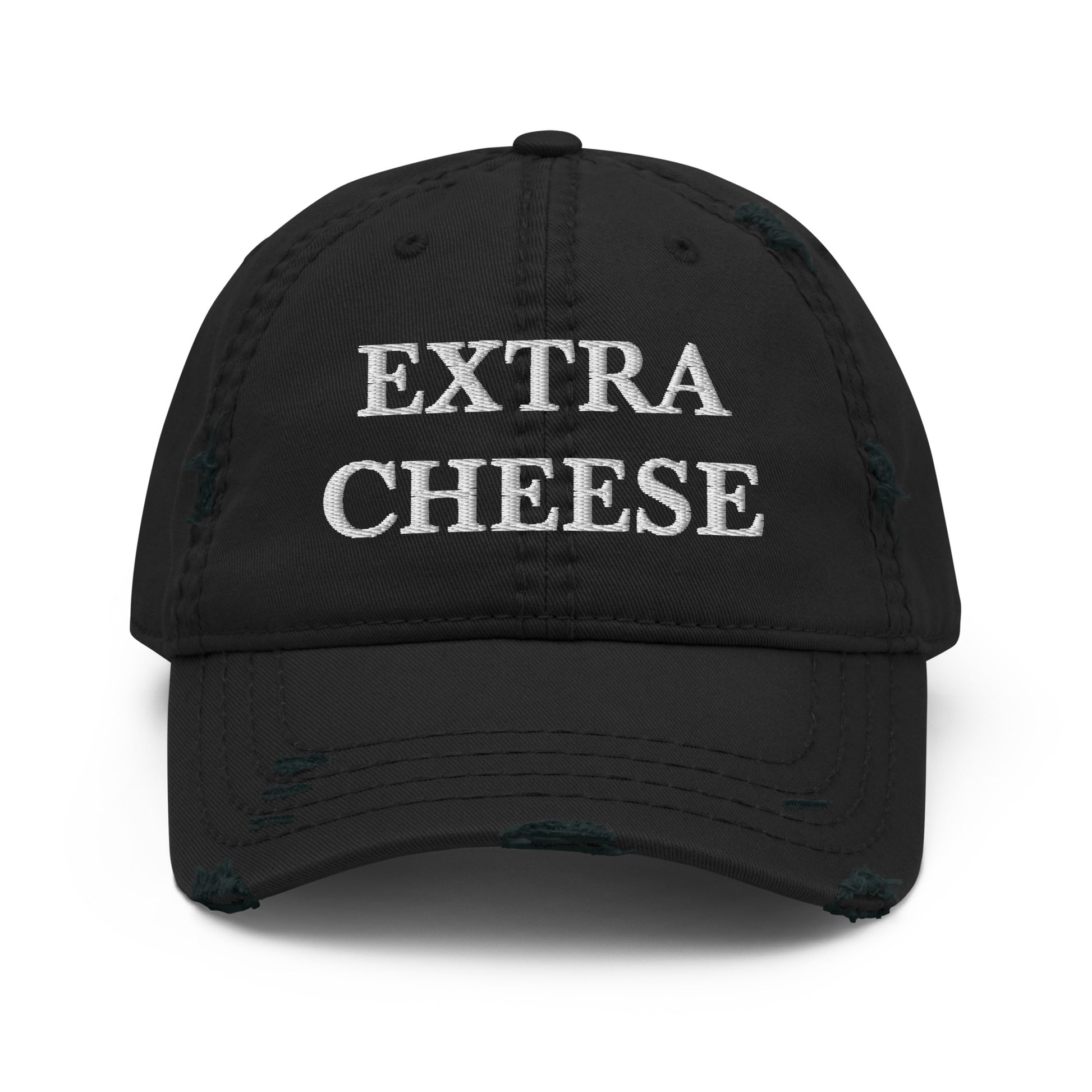 Black Extra Cheese Dad Hat from Nina's Funky Shop by ninanush - Do you love cheese? Looking for a funny gift for a friend? This Extra Cheese Dad Hat is just what you need. It's comfortable with a stylish distressed fabric, expertly embroidered with the words "Extra Cheese." Stand out and add a little personality to your everyday style in this funny dad hat for cheese enthusiasts.