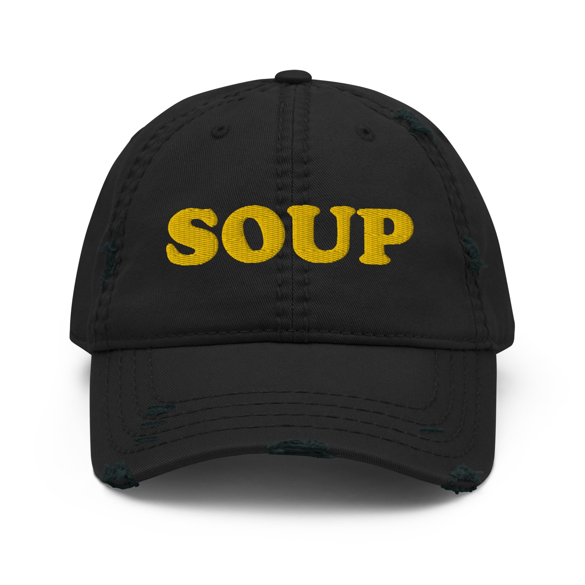 Black Soup Dad Hat - Love soup? It's always soup season in this embroidered Soup Dad Hat. It's a comfortable everyday hat with a stylish distressed fabric. This funny hat is perfect for soup enthusiasts and foodies of all kinds. Celebrate your favorite foods in our funky foodie clothing and accessories. Designed by Nina and made just for you! 