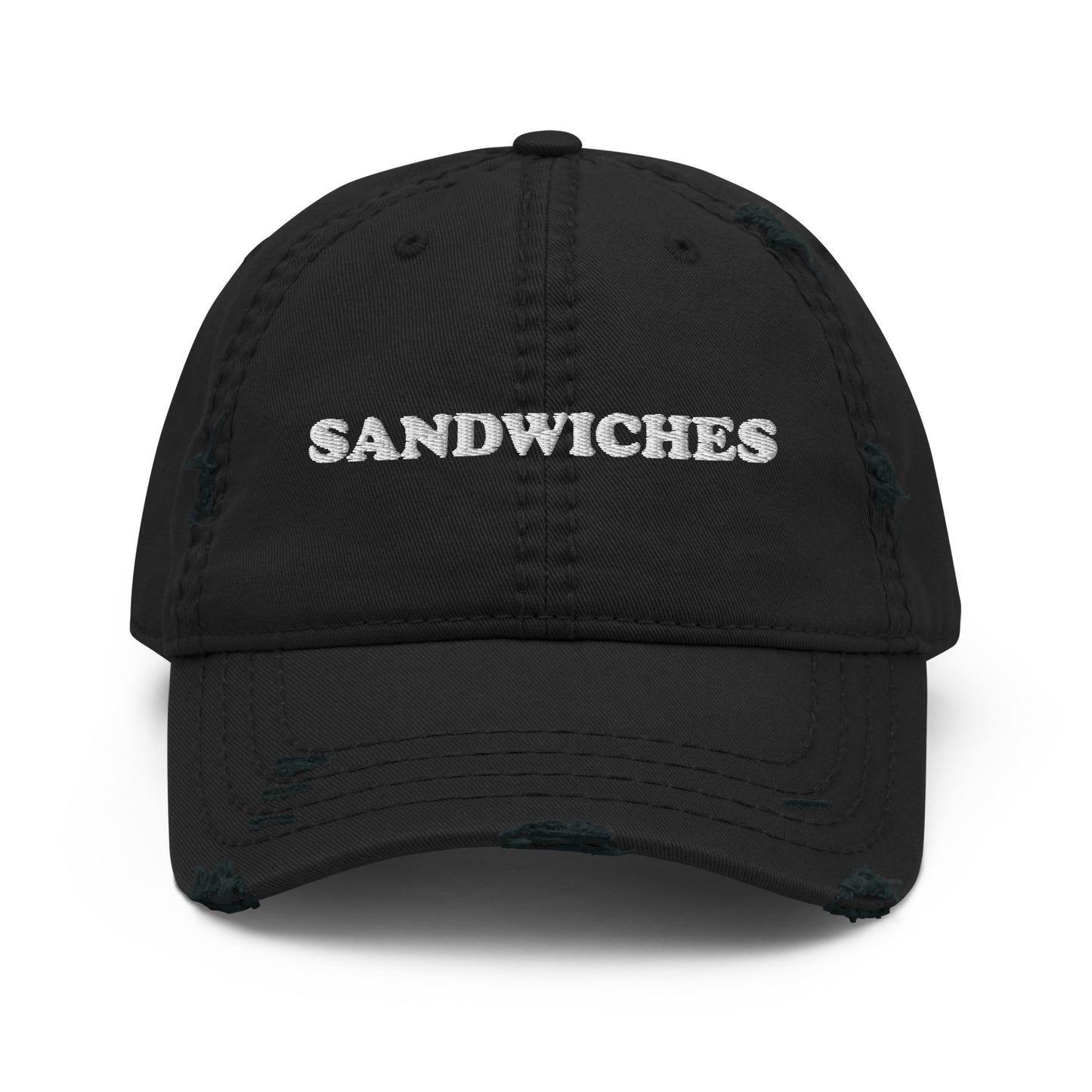 Black Sandwiches Hat - Love sandwiches? Looking for a funny gift for a friend? This embroidered Sandwiches dad hat is just what you need! It's a comfortable everyday hat with a stylish distressed fabric. The perfect hat for sandwich enthusiasts and foodies of all kinds. Celebrate your favorite foods in our funky foodie clothing and accessories.