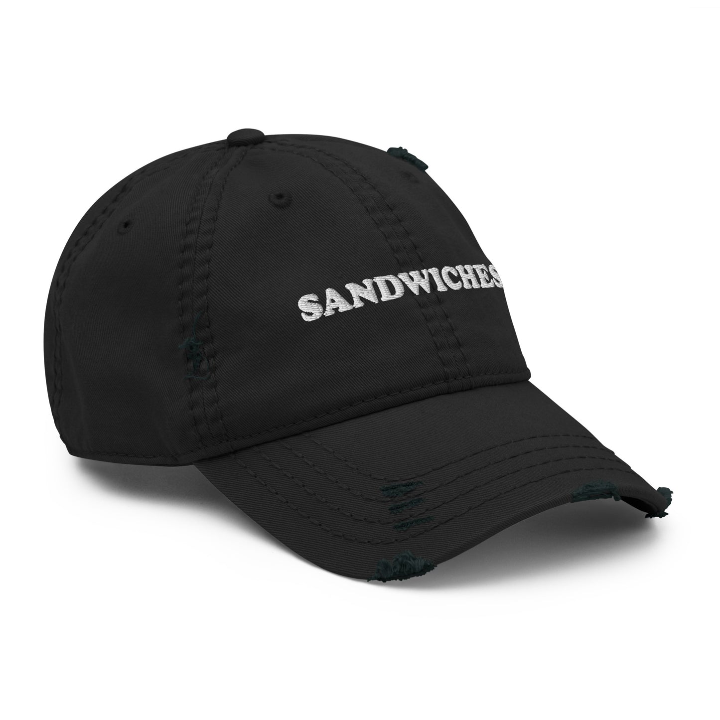 Black Sandwiches Hat - Love sandwiches? Looking for a funny gift for a friend? This embroidered Sandwiches dad hat is just what you need! It's a comfortable everyday hat with a stylish distressed fabric. The perfect hat for sandwich enthusiasts and foodies of all kinds. Celebrate your favorite foods in our funky foodie clothing and accessories.