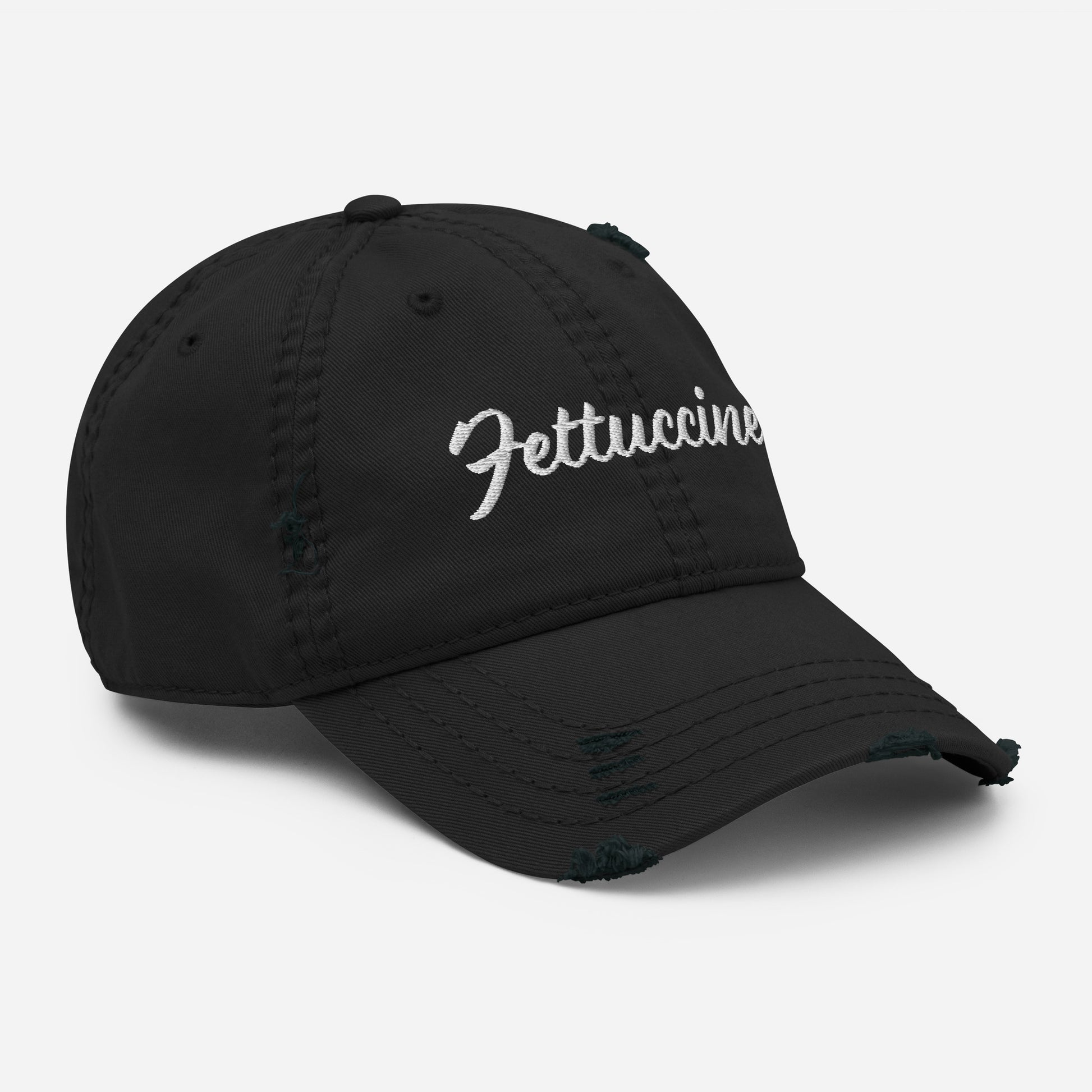 Black Fettuccine Hat - Are you a fettuccine enthusiast? Looking for the perfect gift for a pasta lover? This Fettuccine Hat is just what you need. It's a comfortable cotton hat with an adjustable closure and "Fettuccine", expertly embroidered on the front. An ideal dad hat for fettuccine lovers and foodies of all kinds. Designed by Nina and made just for you!