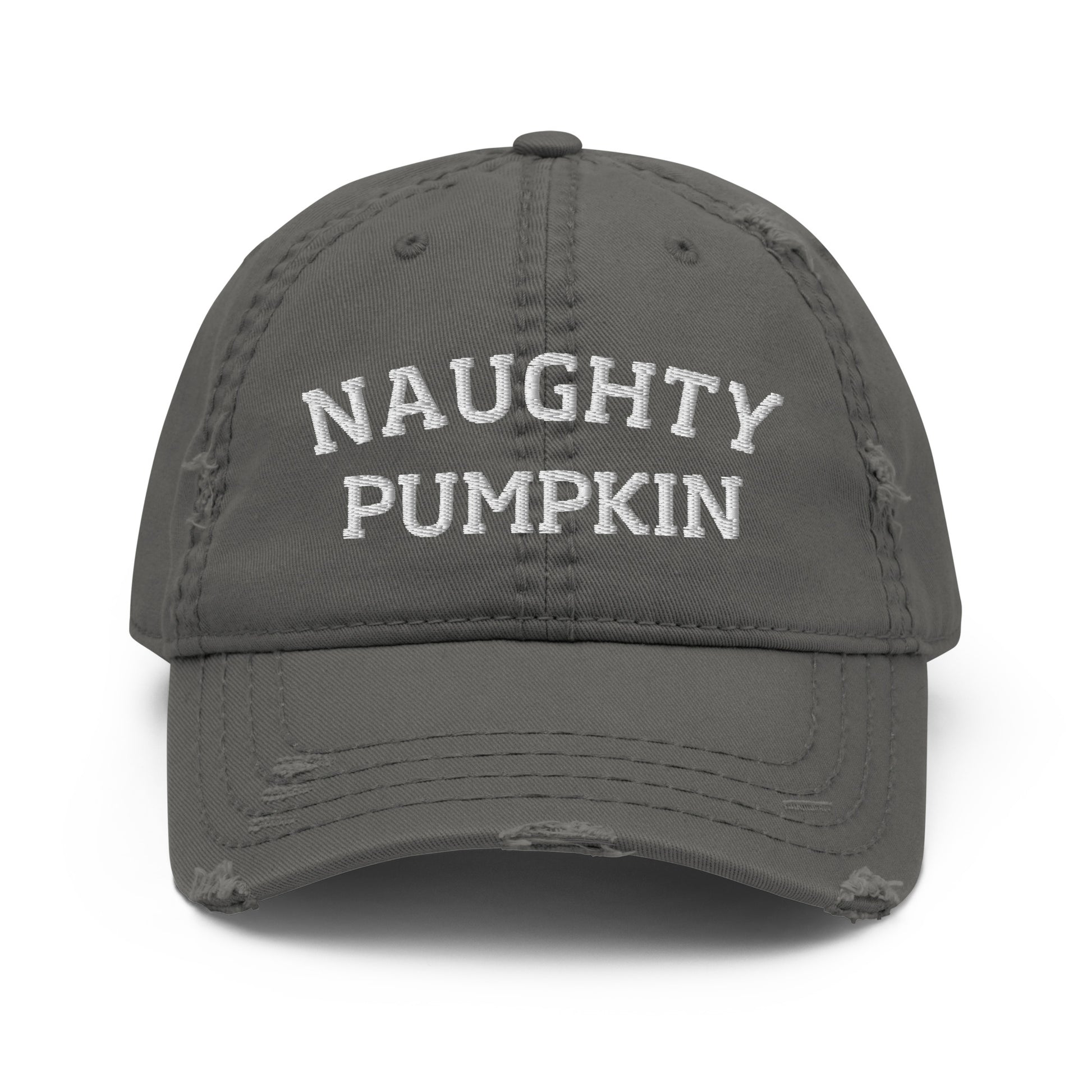 Gray naughty pumpkin dad hat from Nina's Funky Shop by ninanush - The distressed naughty pumpkin dad hat! Embroidered with "naughty pumpkin" across the front, it's a funny pumpkin hat that's made just for you. This weird hat makes the perfect gift for pumpkin enthusiasts. Add a little personality to your everyday outfits in our funny foodie clothing and accessories.