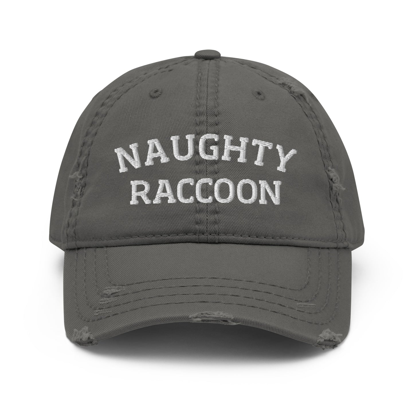 Gray dad hat from Nina's Funky Shop by ninanush - This naughty raccoon dad hat is comfortable, with a unique raccoon embroidery and a stylish distressed fabric. Stand out with our raccoon dad hat and add a little personality to your style. The perfect funny dad hat for raccoon enthusiasts. It's a weird raccoon hat that's designed by Nina and made just for you.