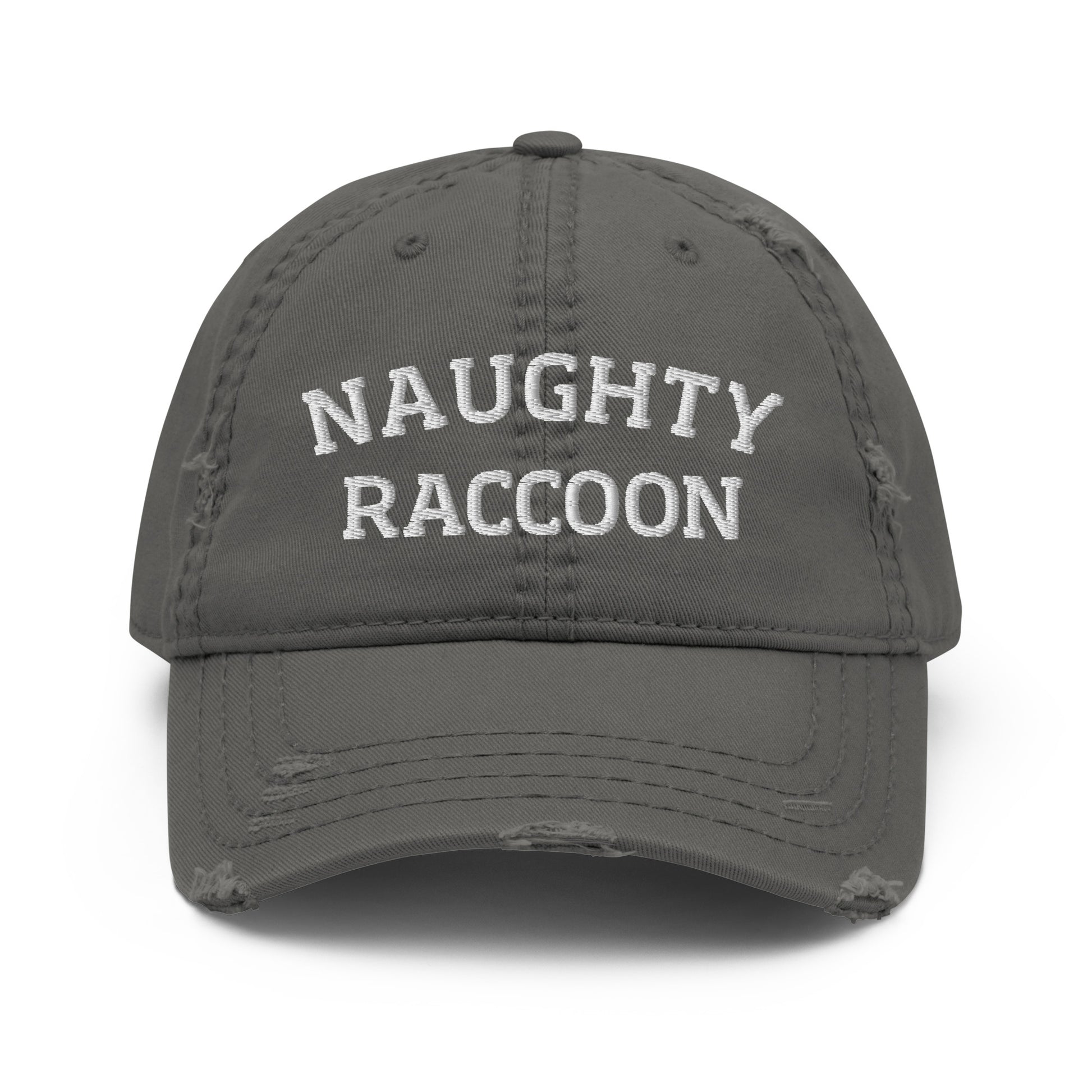 Gray dad hat from Nina's Funky Shop by ninanush - This naughty raccoon dad hat is comfortable, with a unique raccoon embroidery and a stylish distressed fabric. Stand out with our raccoon dad hat and add a little personality to your style. The perfect funny dad hat for raccoon enthusiasts. It's a weird raccoon hat that's designed by Nina and made just for you.