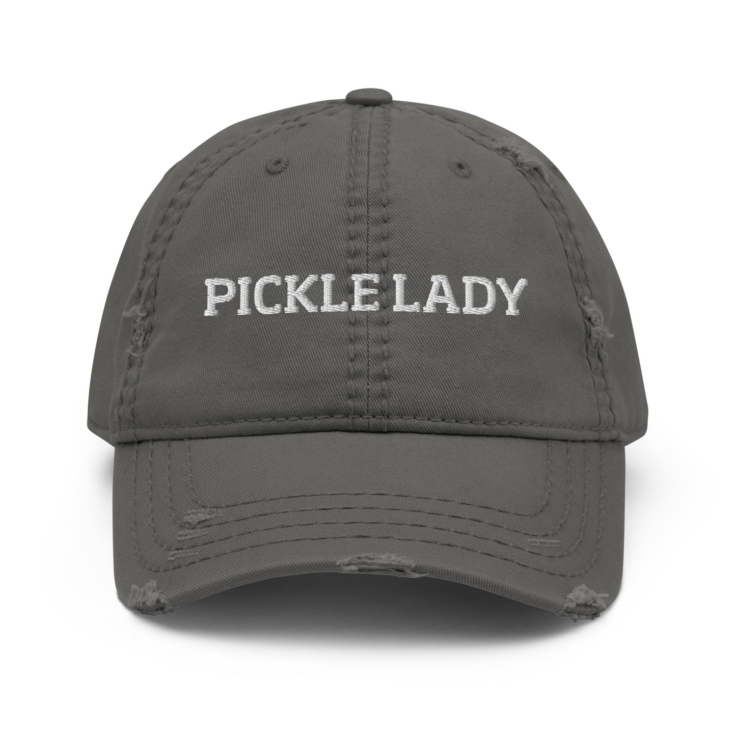 Gray pickle lady dad hat from Nina's Funky Shop by ninanush - This pickle lady dad hat is stylish, weird and made just for you. Stand out and add a little personality to your everyday outfits in this funny dad hat for pickle enthusiasts. It's a weird hat that celebrates pickles. The perfect dad hat for foodies and pickle people of all kinds or a quirky and funny pickle lover gift.