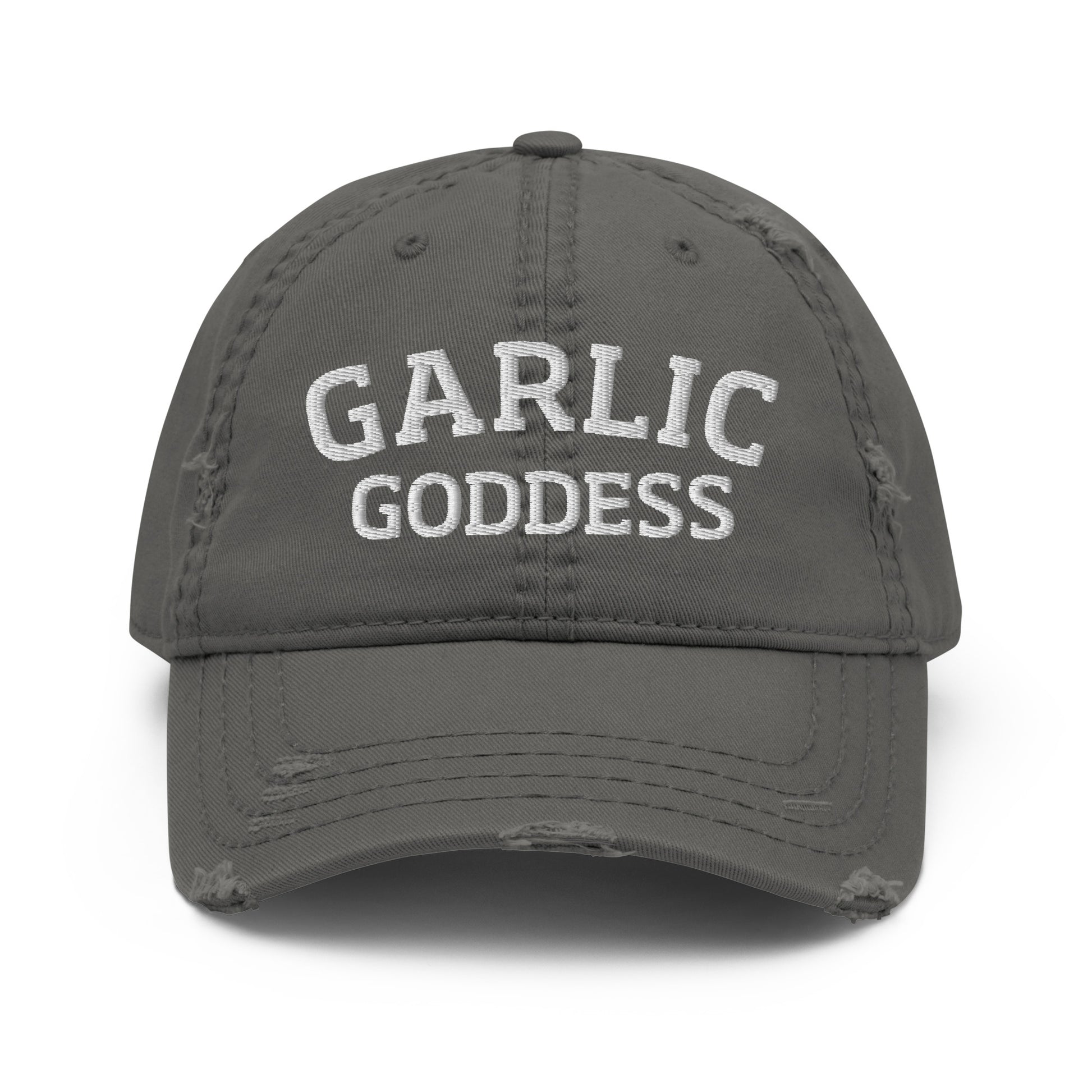 Gray garlic goddess hat from Nina's Funky Shop by ninanush - This garlic goddess dad hat is comfortable, with a unique text embroidery and a stylish distressed fabric. Stand out in a garlic goddess hat and add some personality to your style in this funny dad hat for garlic enthusiasts. It's a weird hat that celebrates garlic and the perfect dad hat for foodies and garlic lovers.