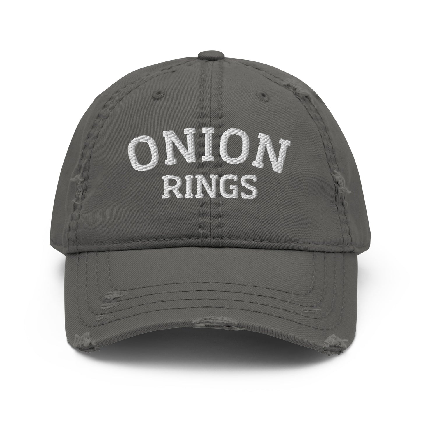 Gray onion ring dad hat from Nina's Funky Shop by ninanush - Onion rings! This onion rings dad hat is comfortable with a stylish distressed fabric. Stand out and add a little personality to your everyday outfits in this funny dad hat for onion ring enthusiasts. It's a weird hat that celebrates this classic fried delicacy and the perfect dad hat for foodies of all kinds.