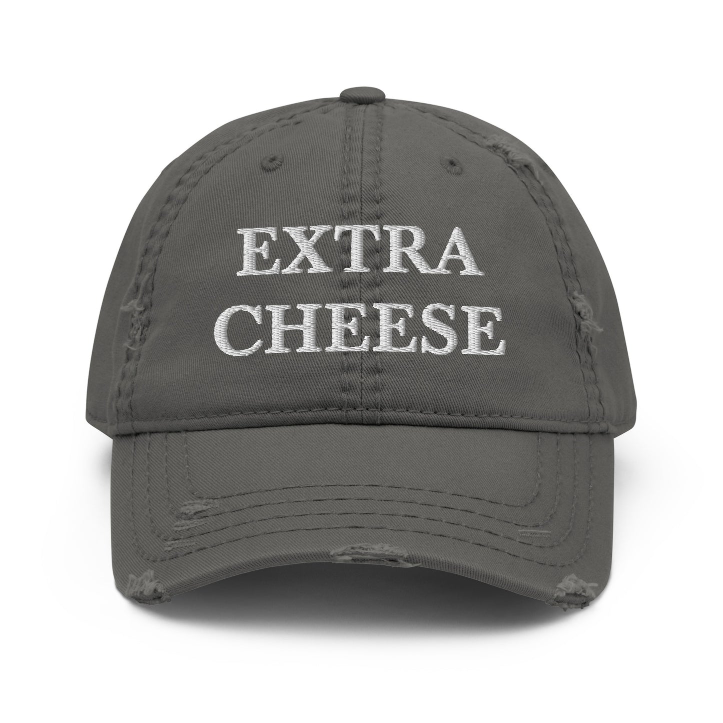 Gray Extra Cheese Dad Hat from Nina's Funky Shop by ninanush - Do you love cheese? Looking for a funny gift for a friend? This Extra Cheese Dad Hat is just what you need. It's comfortable with a stylish distressed fabric, expertly embroidered with the words "Extra Cheese." Stand out and add a little personality to your everyday style in this funny dad hat for cheese enthusiasts.