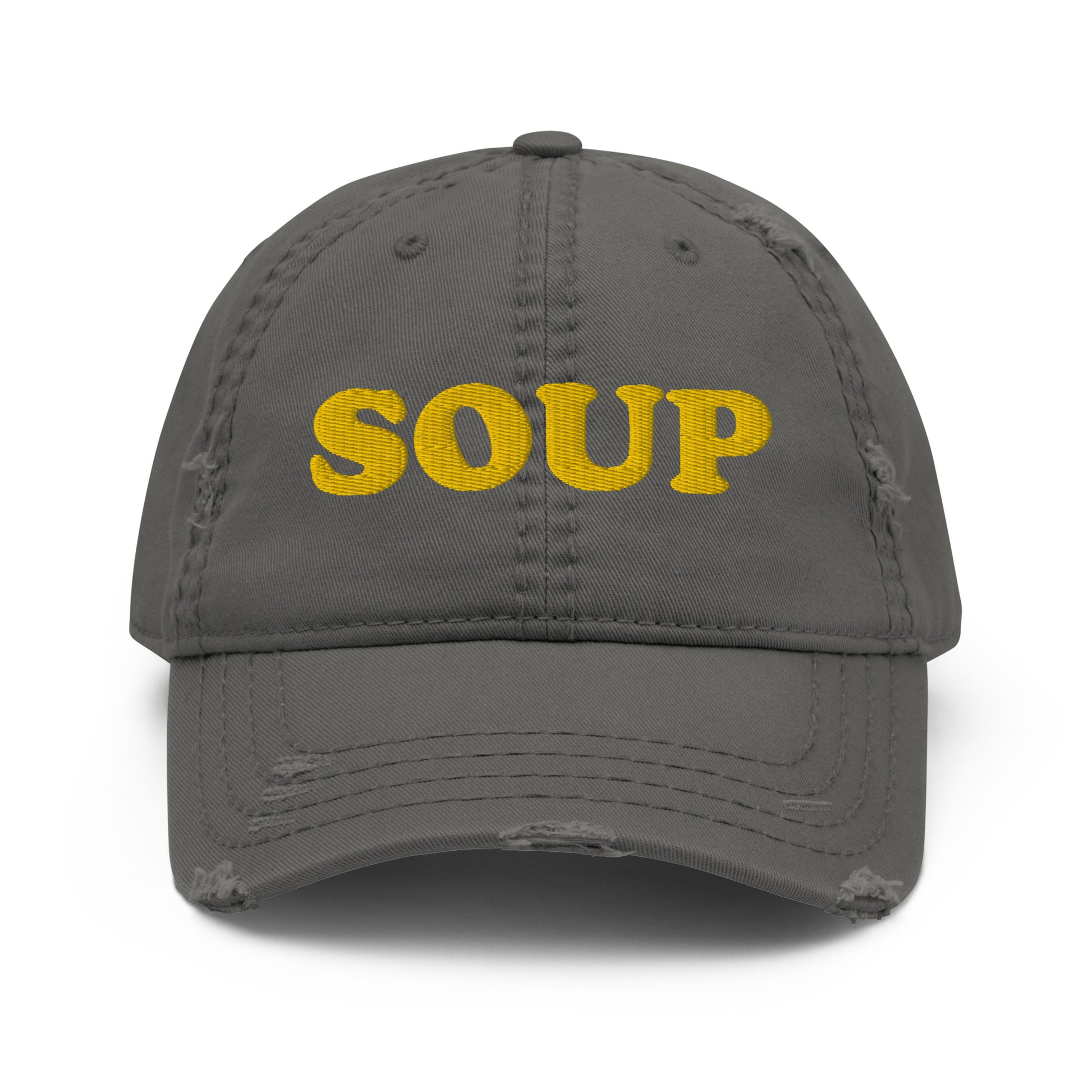 Gray Soup Dad Hat - Love soup? It's always soup season in this embroidered Soup Dad Hat. It's a comfortable everyday hat with a stylish distressed fabric. This funny hat is perfect for soup enthusiasts and foodies of all kinds. Celebrate your favorite foods in our funky foodie clothing and accessories. Designed by Nina and made just for you!