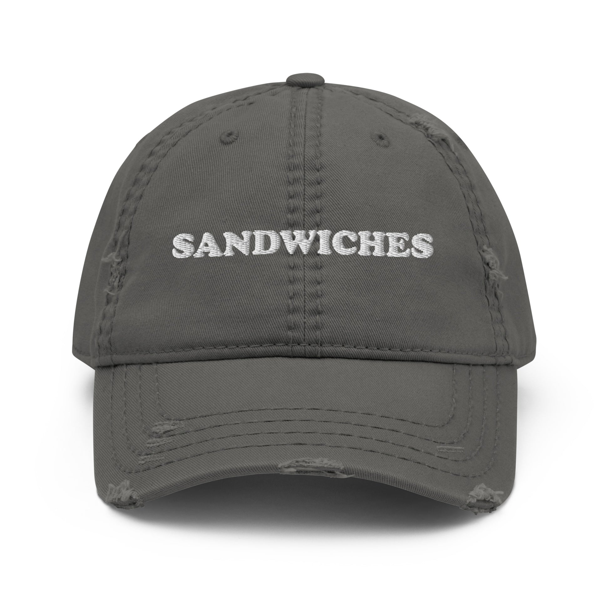 Gray Sandwiches Hat - Love sandwiches? Looking for a funny gift for a friend? This embroidered Sandwiches dad hat is just what you need! It's a comfortable everyday hat with a stylish distressed fabric. The perfect hat for sandwich enthusiasts and foodies of all kinds. Celebrate your favorite foods in our funky foodie clothing and accessories.