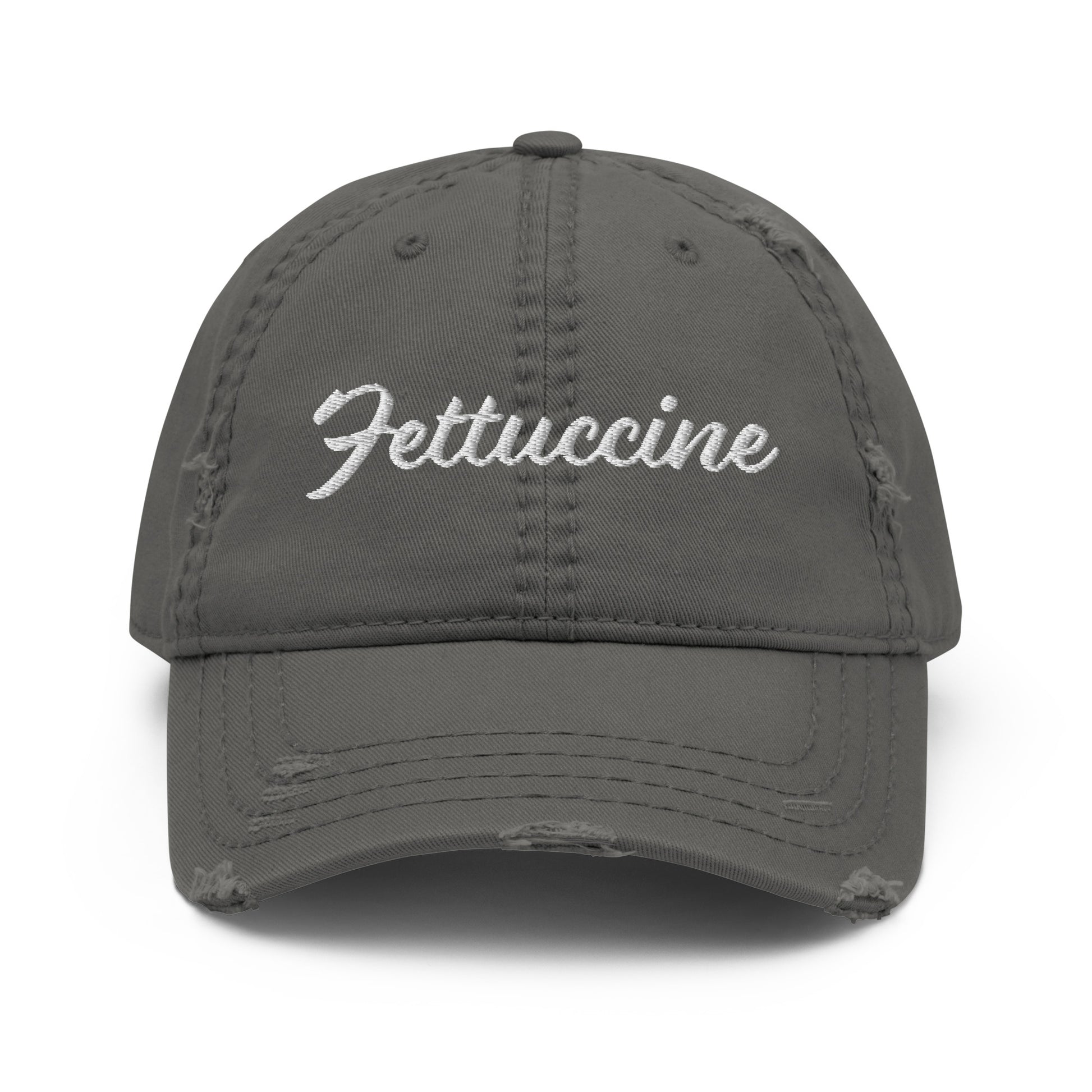 Gray Fettuccine Hat - Are you a fettuccine enthusiast? Looking for the perfect gift for a pasta lover? This Fettuccine Hat is just what you need. It's a comfortable cotton hat with an adjustable closure and "Fettuccine", expertly embroidered on the front. An ideal dad hat for fettuccine lovers and foodies of all kinds. Designed by Nina and made just for you!