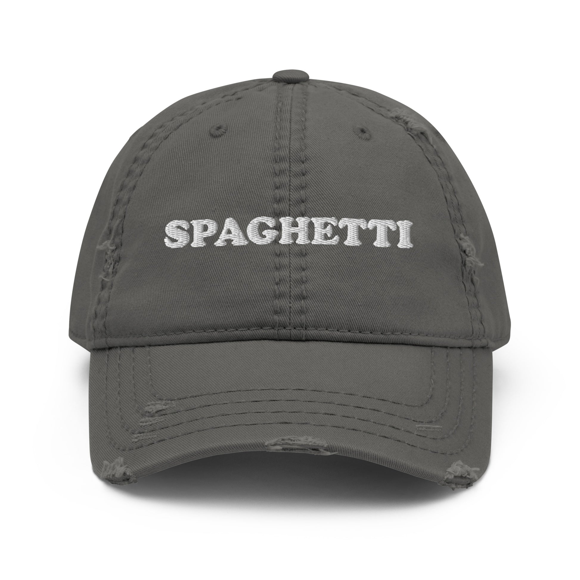 Gray Spaghetti Hat - Love spaghetti? Looking for a gift for your favorite pasta enthusiast? This Spaghetti Hat is made of comfortable cotton with an adjustable closure and "Spaghetti", expertly embroidered on the front. A funny foodie hat, designed by Nina and made just for you! Looking for something personalized? Shoot us an email! 