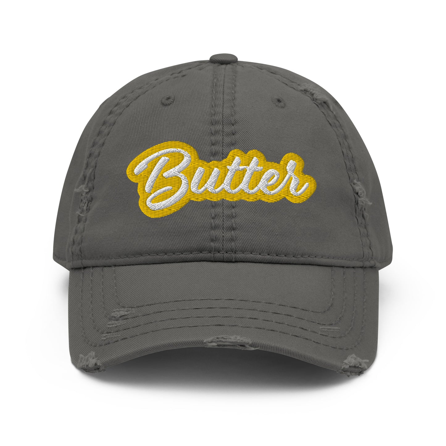 Gray Butter Hat - Love butter? Looking for a gift for your favorite butter enthusiast? This Butter Hat is made of comfortable cotton with an adjustable closure and "Butter", expertly embroidered on the front. A funny foodie hat, designed by Nina and made just for you!