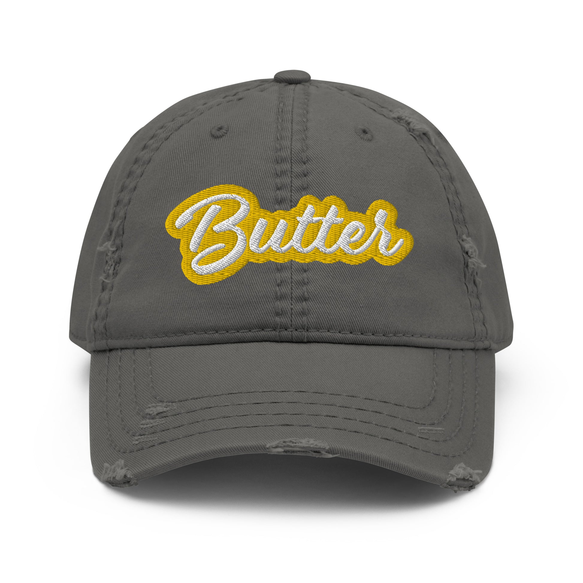 Gray Butter Hat - Love butter? Looking for a gift for your favorite butter enthusiast? This Butter Hat is made of comfortable cotton with an adjustable closure and "Butter", expertly embroidered on the front. A funny foodie hat, designed by Nina and made just for you!