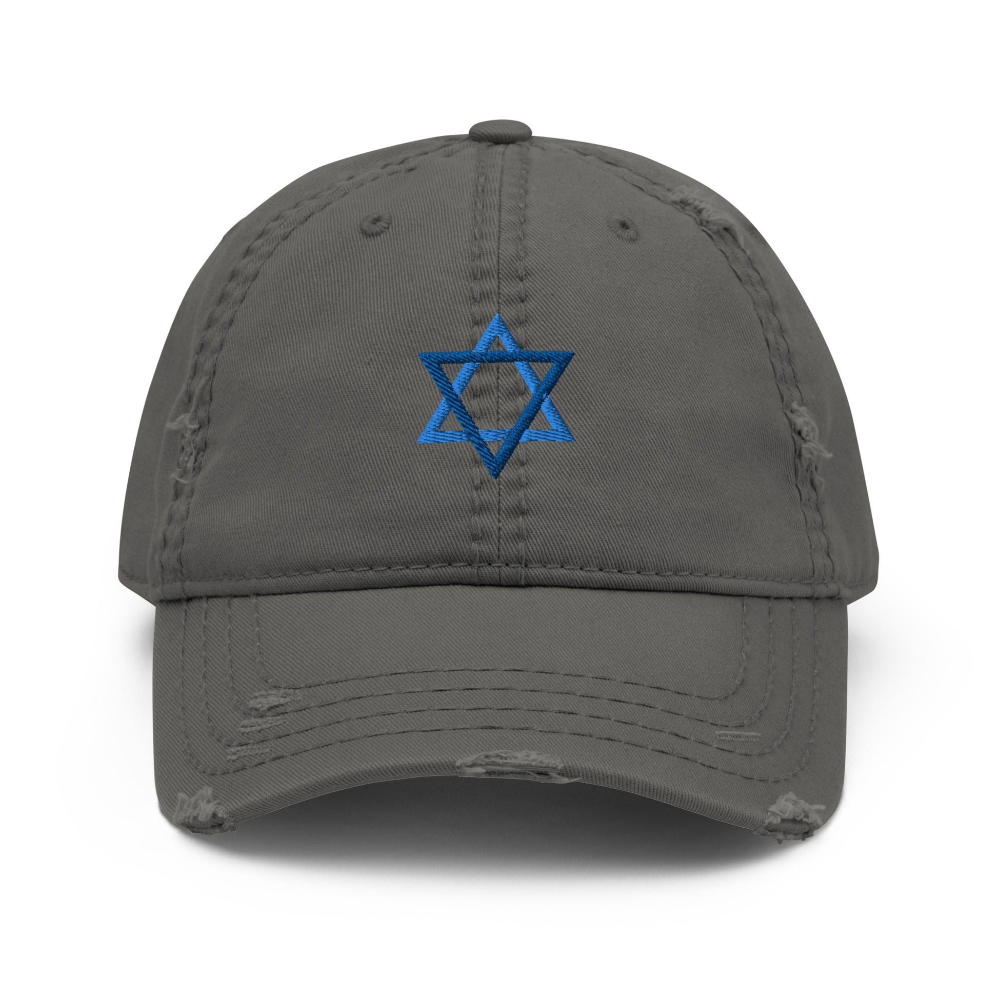 Dark Gray Jewish Star Hat - Our Jewish Star Hat is made of comfortable cotton with an adjustable Velcro closure and a blue Star Of David, expertly embroidered on the front. The perfect hat for everyday streetwear to make a statement and show off your Jewish Pride.