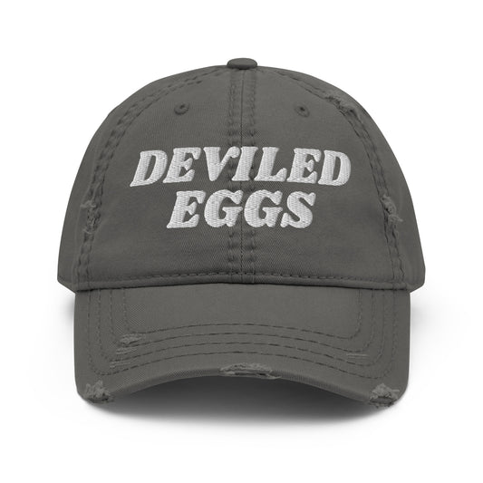 Gray Deviled Eggs Hat - Crazy about deviled eggs? Looking for a gift for a deviled egg enthusiast? Our Deviled Eggs Hat is comfortable, adjustable and made just for you. It's a funny dad hat, expertly embroidered and perfect for everyday streetwear.
