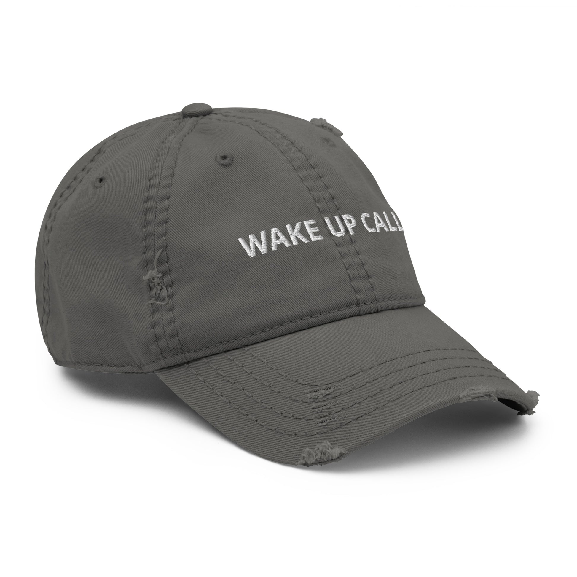 Gray Wake Up Call Hat - A funny dad hat for everyday style. It's comfortable and comes in a variety of colors with "Wake Up Call", expertly embroidered on the front. Designed by Nina and made just for you! Looking for something personalized? Shoot us an email!