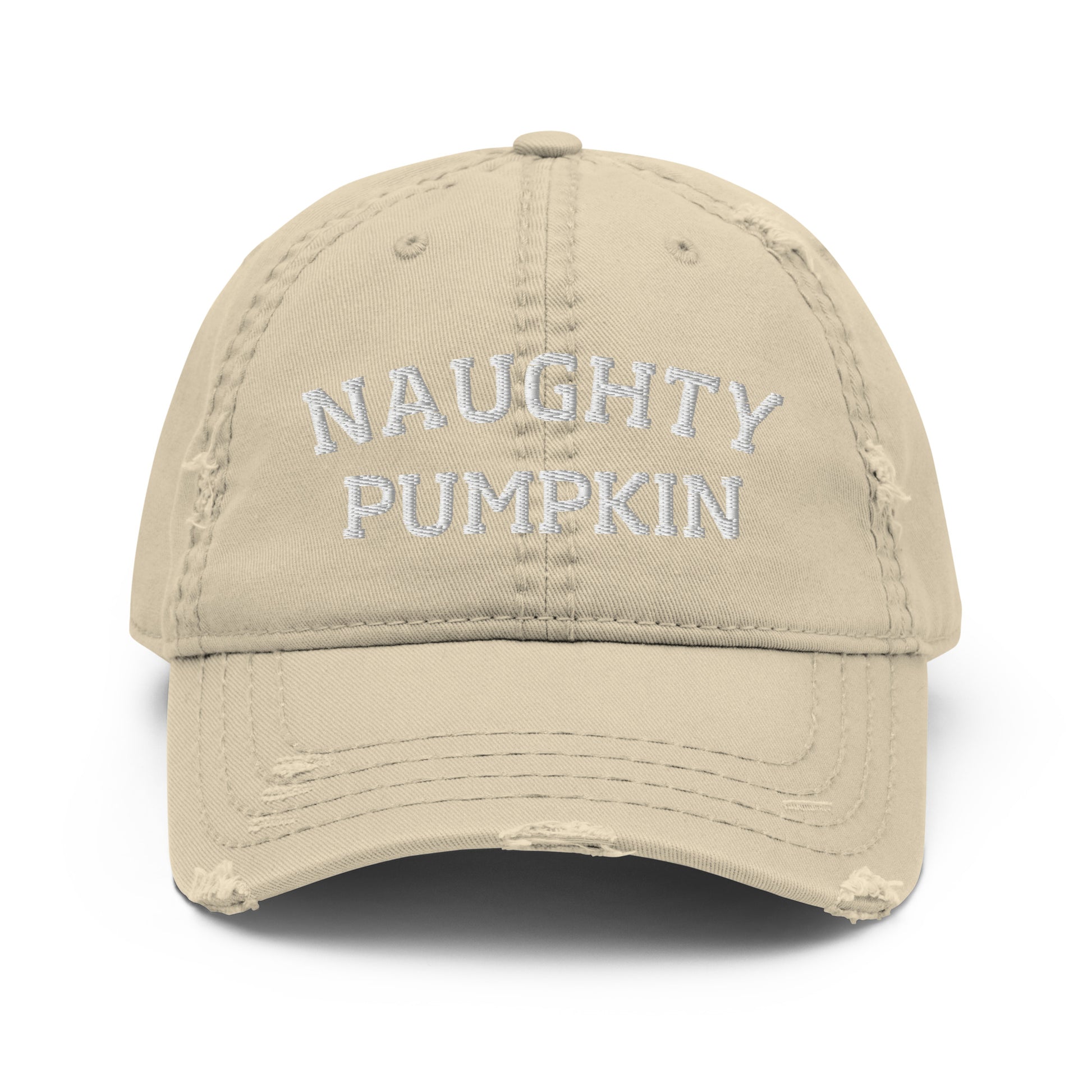 Khaki naughty pumpkin dad hat from Nina's Funky Shop by ninanush - The distressed naughty pumpkin dad hat! Embroidered with "naughty pumpkin" across the front, it's a funny pumpkin hat that's made just for you. This weird hat makes the perfect gift for pumpkin enthusiasts. Add a little personality to your everyday outfits in our funny foodie clothing and accessories.