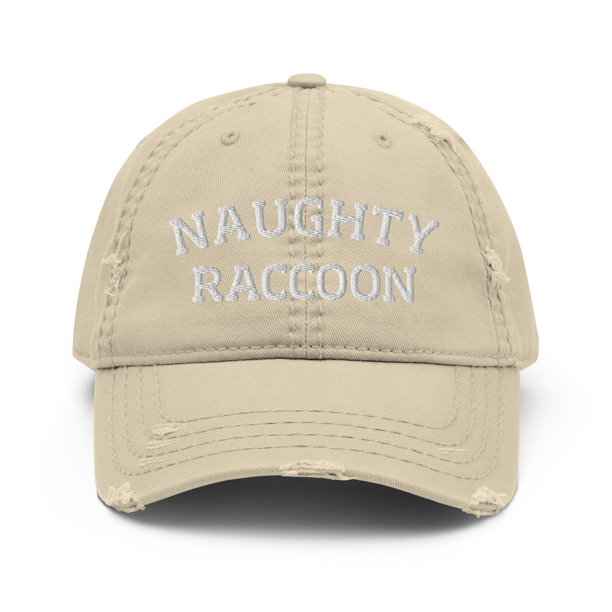 Khaki naughty raccoon dad hat from Nina's Funky Shop by ninanush - This naughty raccoon dad hat is comfortable, with a unique raccoon embroidery and a stylish distressed fabric. Stand out with our raccoon dad hat and add a little personality to your style. The perfect funny dad hat for raccoon enthusiasts. It's a weird raccoon hat that's designed by Nina and made just for you.