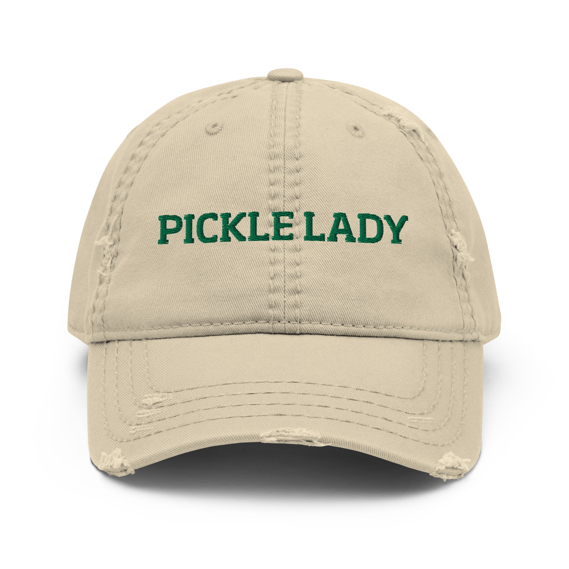 Khaki pickle lady dad hat from Nina's Funky Shop by ninanush - This pickle lady dad hat is stylish, weird and made just for you. Stand out and add a little personality to your everyday outfits in this funny dad hat for pickle enthusiasts. It's a weird hat that celebrates pickles. The perfect dad hat for foodies and pickle people of all kinds or a quirky and funny pickle lover gift.