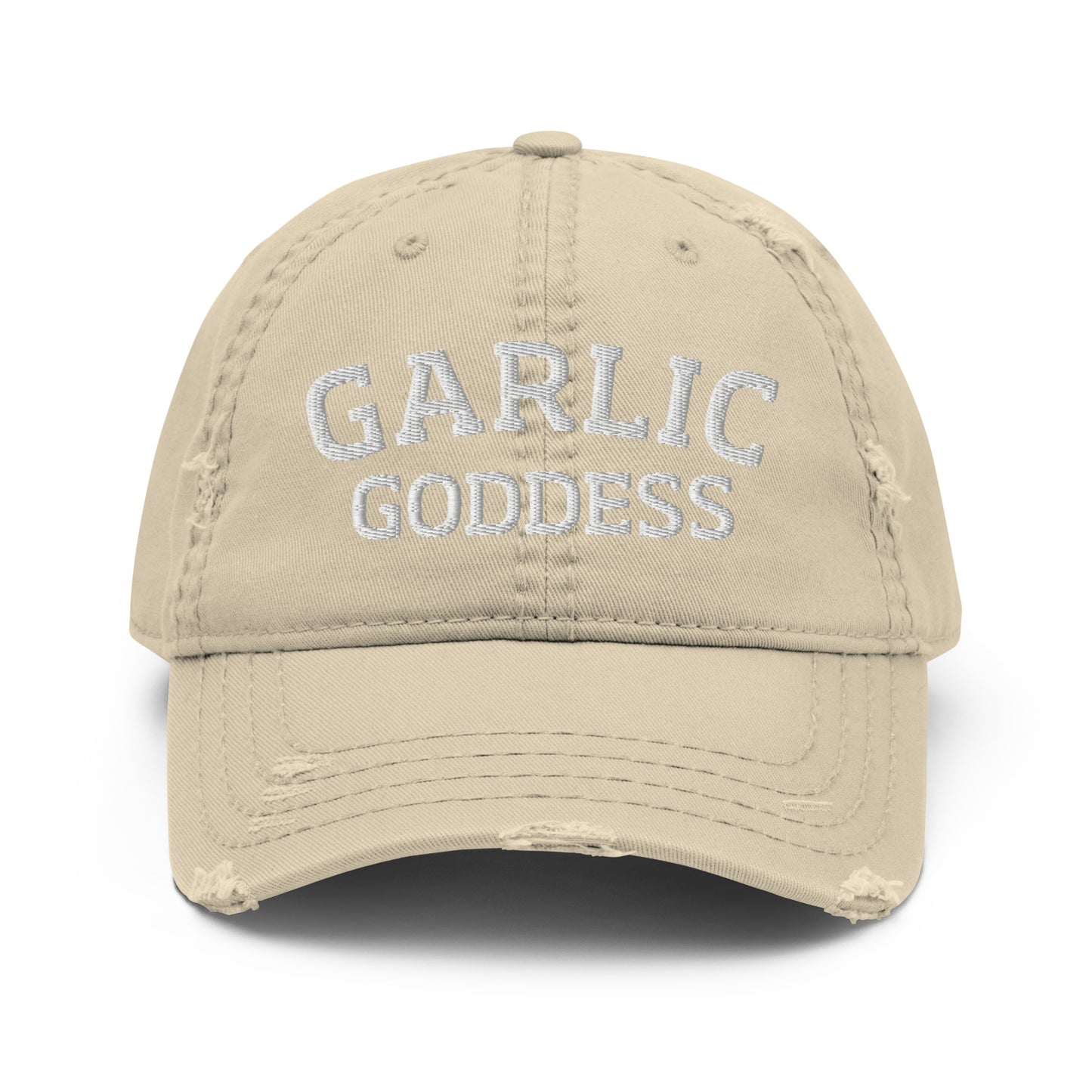 Khaki garlic goddess hat from Nina's Funky Shop by ninanush - This garlic goddess dad hat is comfortable, with a unique text embroidery and a stylish distressed fabric. Stand out in a garlic goddess hat and add some personality to your style in this funny dad hat for garlic enthusiasts. It's a weird hat that celebrates garlic and the perfect dad hat for foodies and garlic lovers.