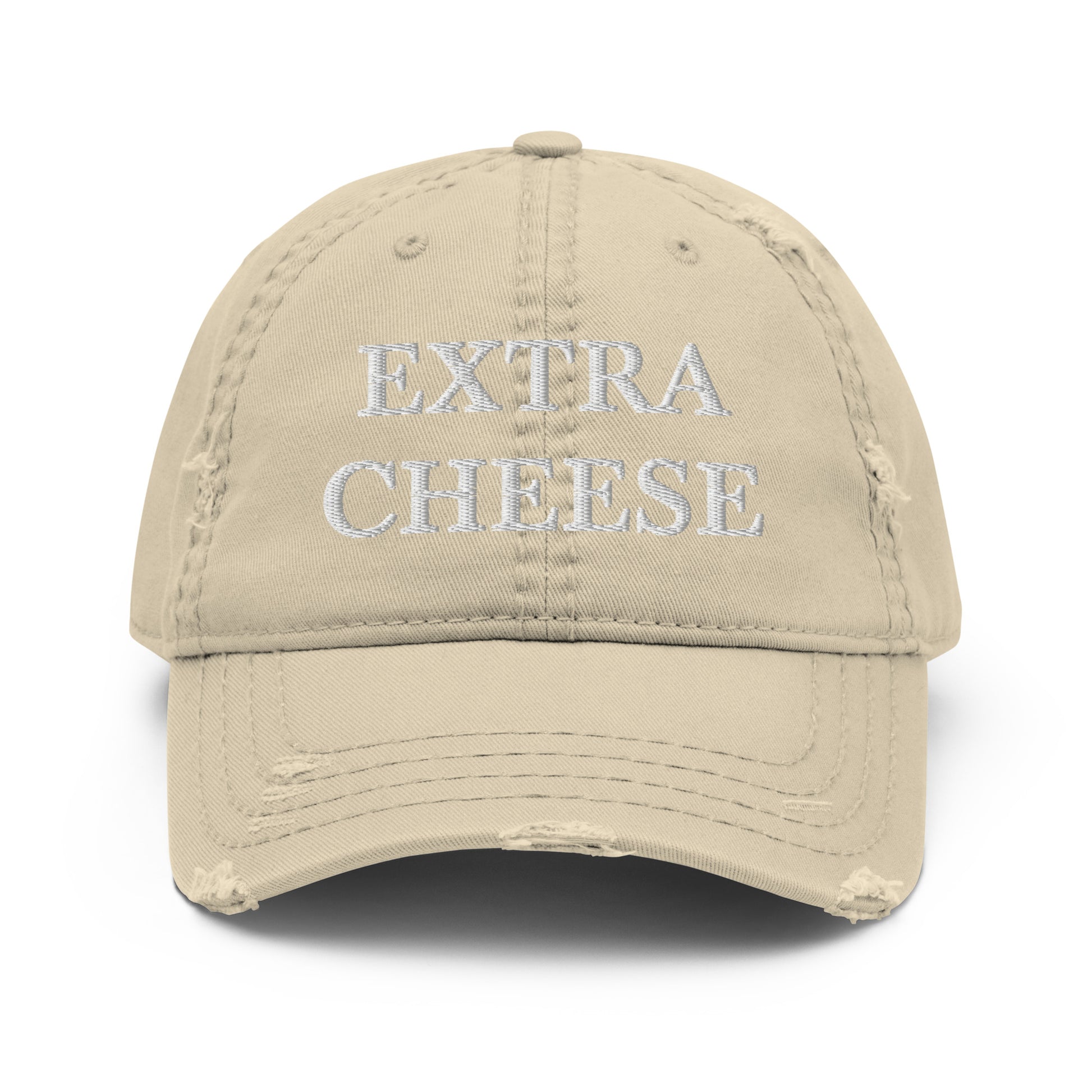 Khaki Extra Cheese Dad Hat from Nina's Funky Shop by ninanush - Do you love cheese? Looking for a funny gift for a friend? This Extra Cheese Dad Hat is just what you need. It's comfortable with a stylish distressed fabric, expertly embroidered with the words "Extra Cheese." Stand out and add a little personality to your everyday style in this funny dad hat for cheese enthusiasts.