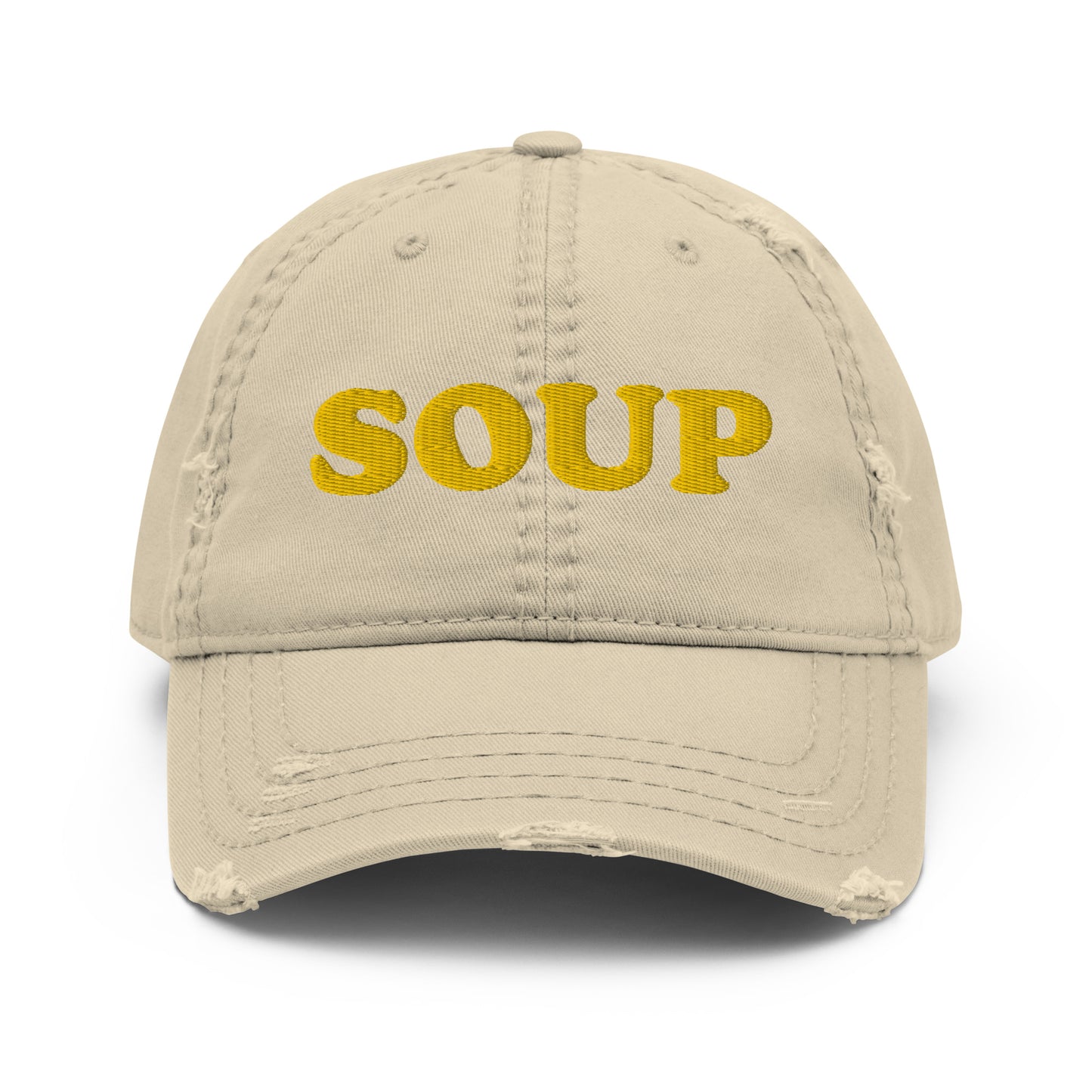 Khaki Soup Dad Hat - Love soup? It's always soup season in this embroidered Soup Dad Hat. It's a comfortable everyday hat with a stylish distressed fabric. This funny hat is perfect for soup enthusiasts and foodies of all kinds. Celebrate your favorite foods in our funky foodie clothing and accessories. Designed by Nina and made just for you!