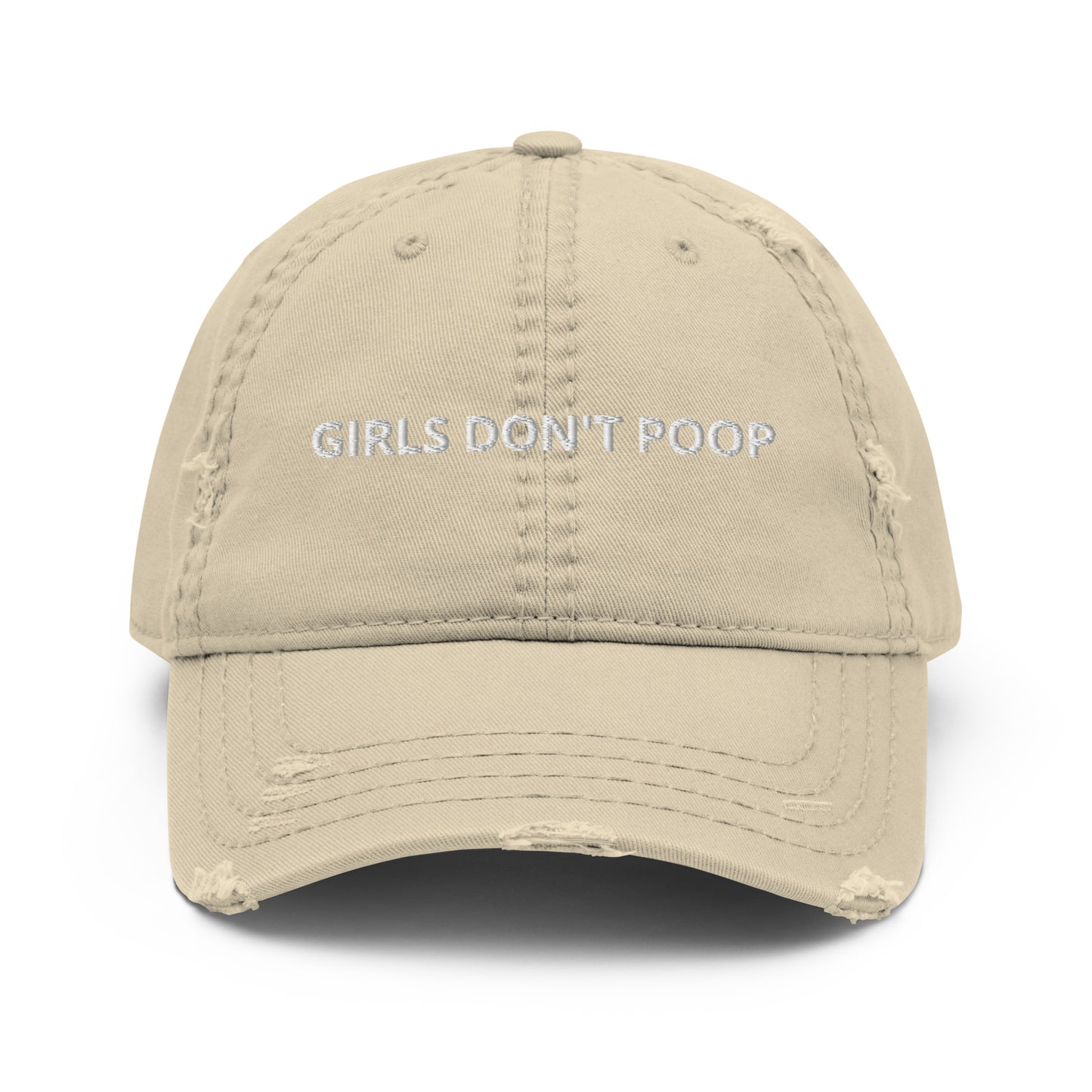 Khaki Girls Don't Poop Hat - Our Girls Don't Poop Hat is just what you need to elevate your everyday style! This funny dad hat is comfortable and comes in a variety of colors with "Girls Don't Poop", expertly embroidered on the front. It's a weird accessory and makes a perfect funny gift for your poop shy friend. Designed by Nina and made just for you!