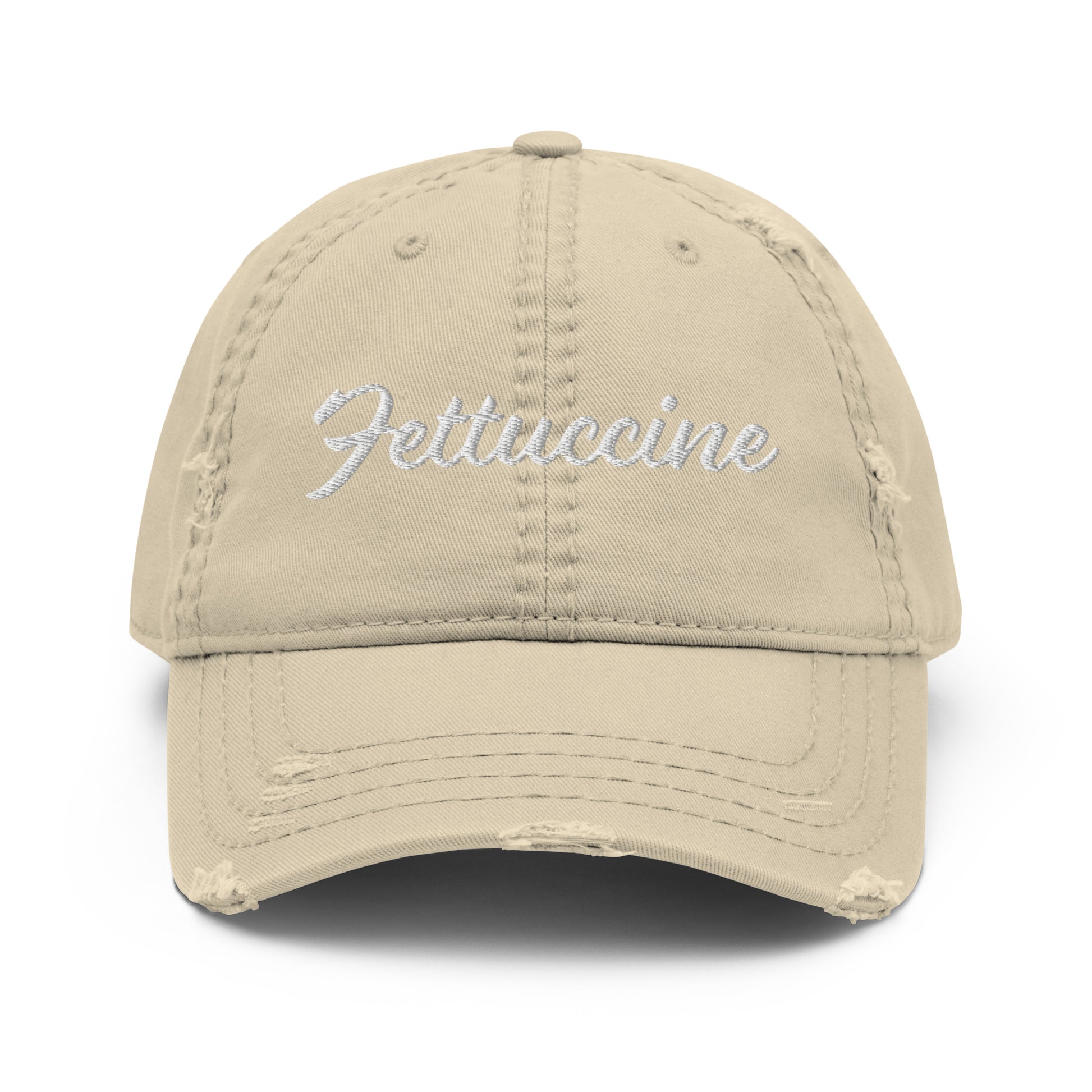 Khaki Fettuccine Hat - Are you a fettuccine enthusiast? Looking for the perfect gift for a pasta lover? This Fettuccine Hat is just what you need. It's a comfortable cotton hat with an adjustable closure and "Fettuccine", expertly embroidered on the front. An ideal dad hat for fettuccine lovers and foodies of all kinds. Designed by Nina and made just for you!