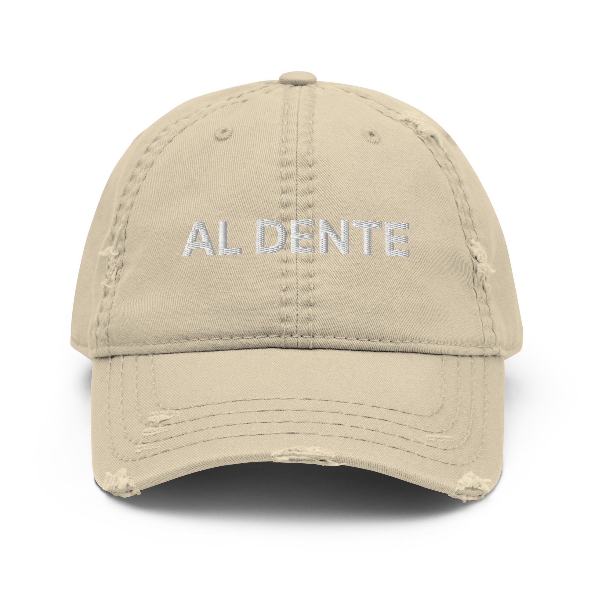 Khaki Al Dente Hat - This cotton Al Dente Hat is comfortable with an adjustable closure and "Al Dente", expertly embroidered on the front. A funny foodie hat, designed by Nina and made just for you! Looking for something personalized? Shoot us an email!