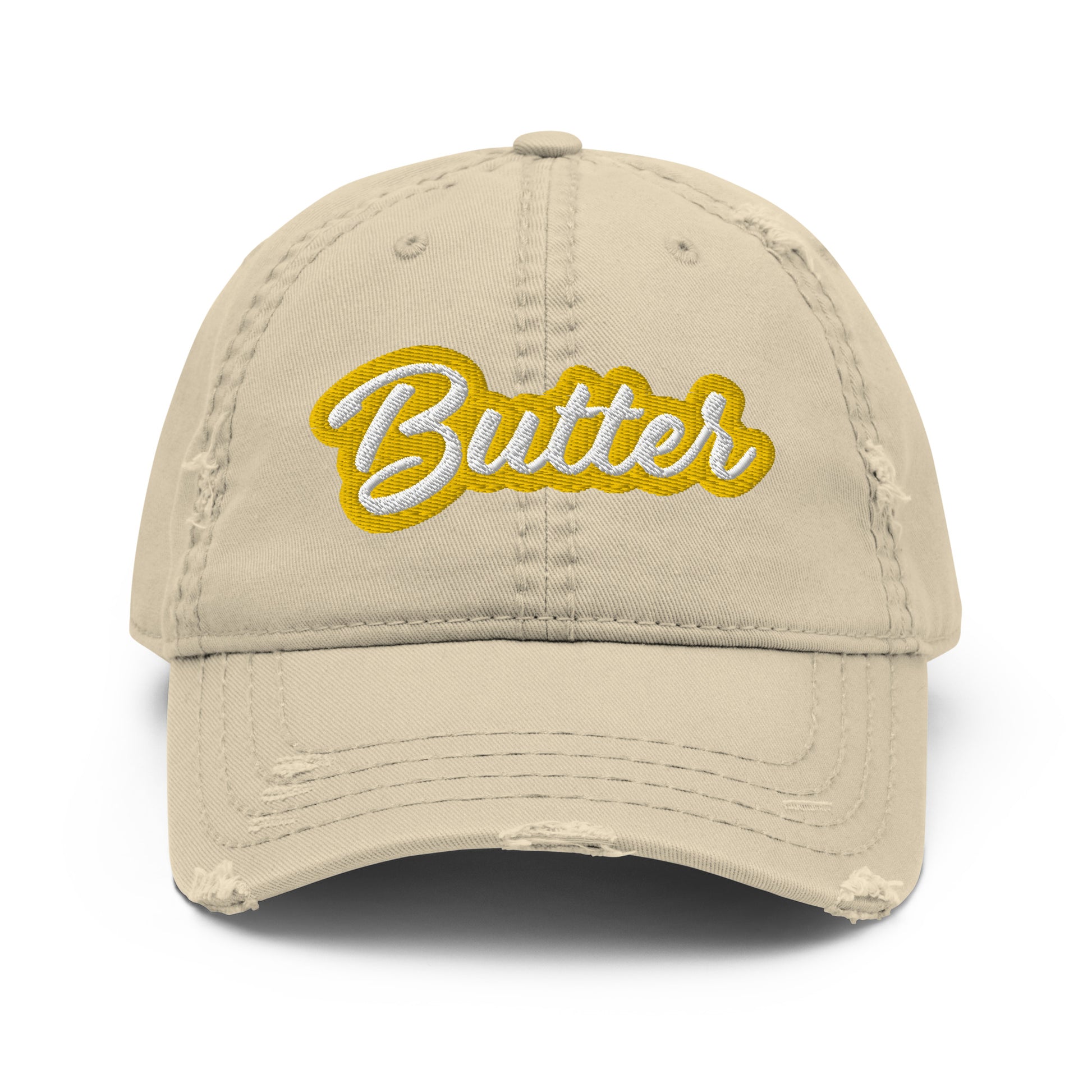 Khaki Butter Hat - Love butter? Looking for a gift for your favorite butter enthusiast? This Butter Hat is made of comfortable cotton with an adjustable closure and "Butter", expertly embroidered on the front. A funny foodie hat, designed by Nina and made just for you!