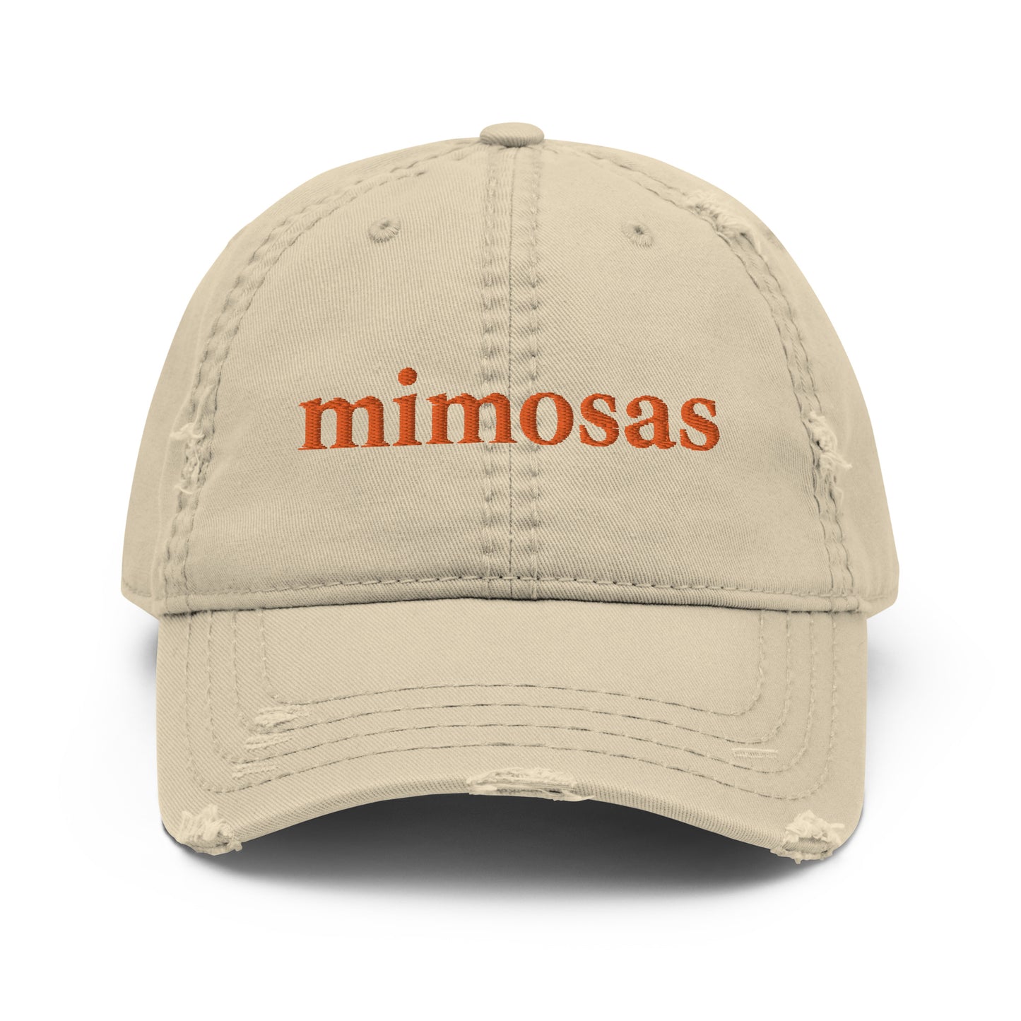 Khaki Mimosas Hat - Love mimosas? Looking for a gift for a mimosa enthusiast? Our Mimosas Hat is comfortable, adjustable and made just for you. It's a classic dad hat, with stylish distressed material and a funny embroidered design. 