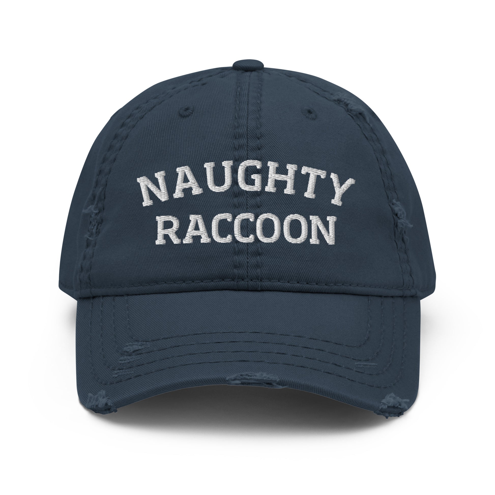 Navy naughty raccoon dad hat from Nina's Funky Shop by ninanush - This naughty raccoon dad hat is comfortable, with a unique raccoon embroidery and a stylish distressed fabric. Stand out with our raccoon dad hat and add a little personality to your style. The perfect funny dad hat for raccoon enthusiasts. It's a weird raccoon hat that's designed by Nina and made just for you.