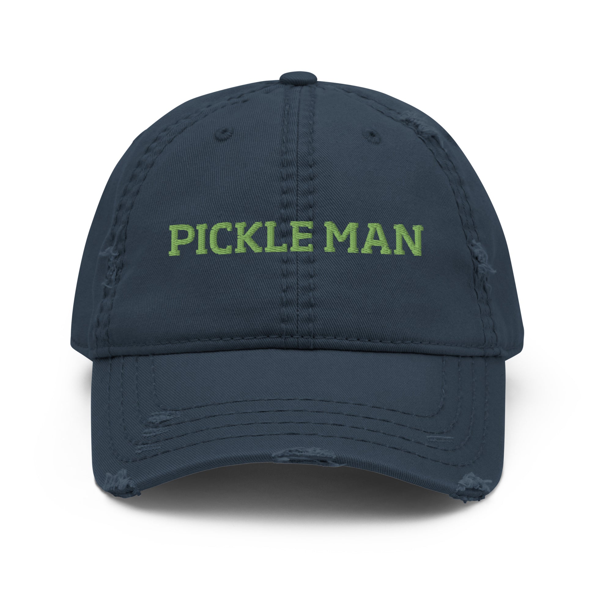 Navy pickle man hat from Nina's Funky Shop by ninanush - PICKLE MAN ⚡ This funny dad hat for pickle lovers is comfortable, unique and made just for you. The pickle man hat is a weird hat that stands out and adds a little personality to your style. Eat your favorite pickles in our pickle enthusiast hat or give it as a funny gift for pickle lovers and foodies of all kinds.