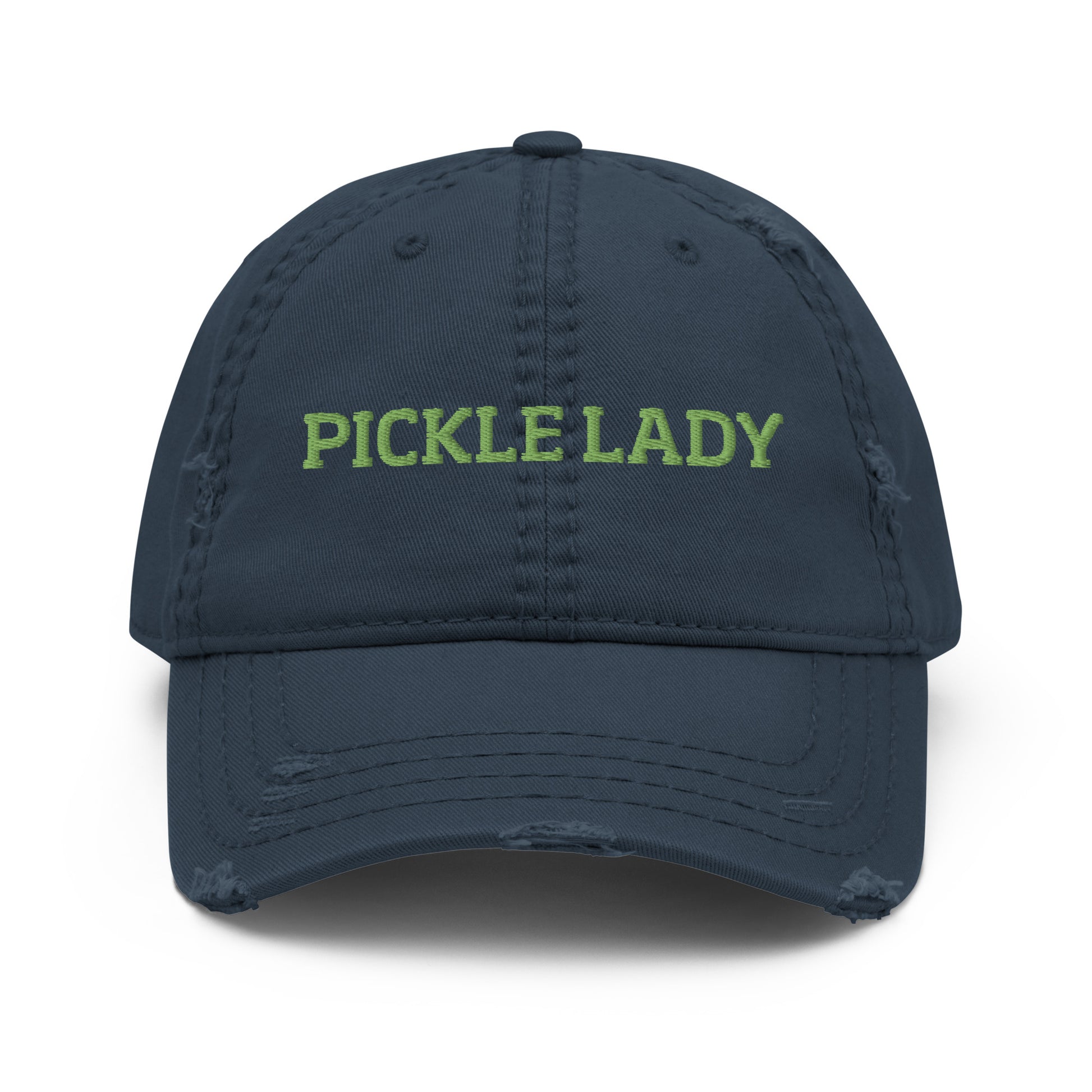 Navy pickle lady dad hat from Nina's Funky Shop by ninanush - This pickle lady dad hat is stylish, weird and made just for you. Stand out and add a little personality to your everyday outfits in this funny dad hat for pickle enthusiasts. It's a weird hat that celebrates pickles. The perfect dad hat for foodies and pickle people of all kinds or a quirky and funny pickle lover gift.