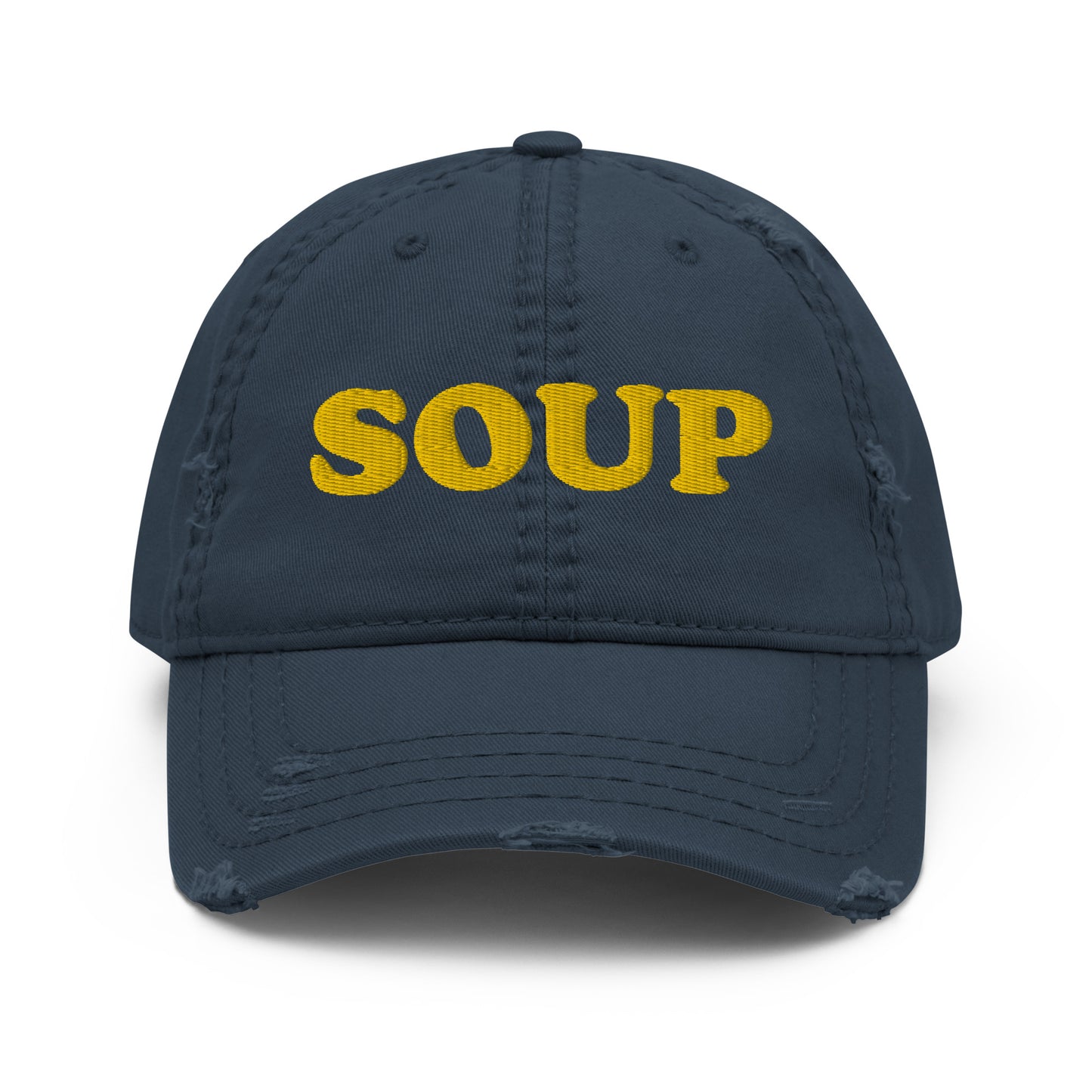 Navy Blue Soup Dad Hat - Love soup? It's always soup season in this embroidered Soup Dad Hat. It's a comfortable everyday hat with a stylish distressed fabric. This funny hat is perfect for soup enthusiasts and foodies of all kinds. Celebrate your favorite foods in our funky foodie clothing and accessories. Designed by Nina and made just for you!