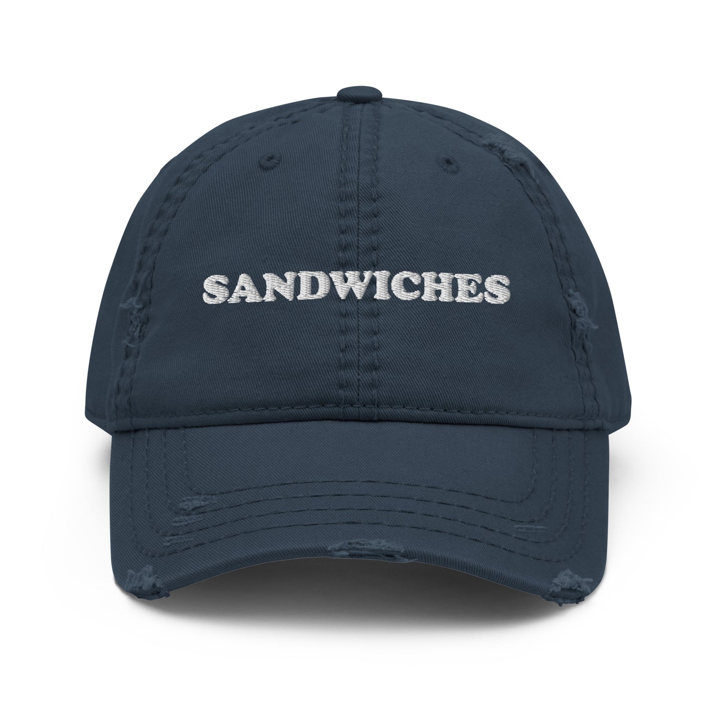 Navy Blue Sandwiches Hat - Love sandwiches? Looking for a funny gift for a friend? This embroidered Sandwiches dad hat is just what you need! It's a comfortable everyday hat with a stylish distressed fabric. The perfect hat for sandwich enthusiasts and foodies of all kinds. Celebrate your favorite foods in our funky foodie clothing and accessories. 