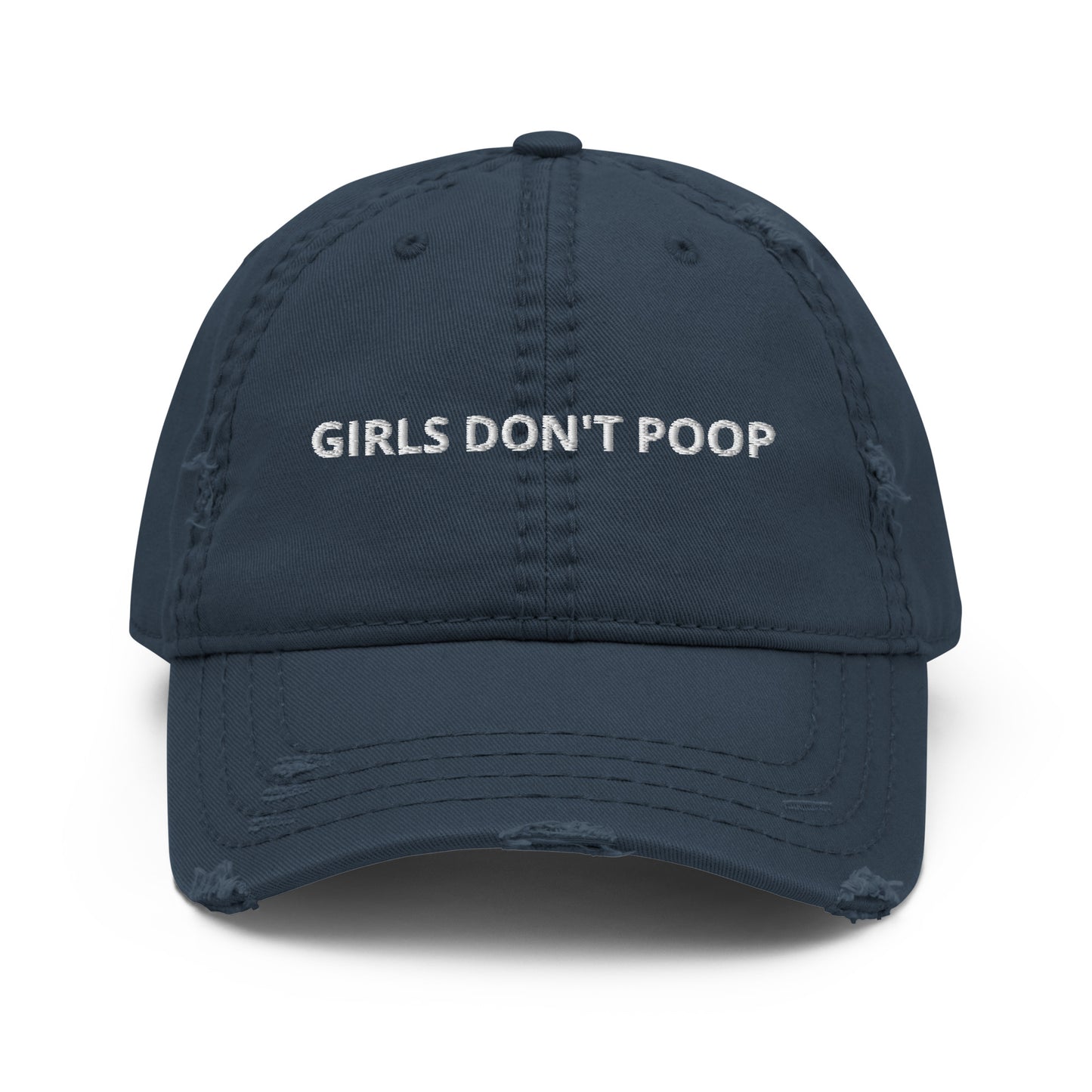 Navy Girls Don't Poop Hat - Our Girls Don't Poop Hat is just what you need to elevate your everyday style! This funny dad hat is comfortable and comes in a variety of colors with "Girls Don't Poop", expertly embroidered on the front. It's a weird accessory and makes a perfect funny gift for your poop shy friend. Designed by Nina and made just for you!