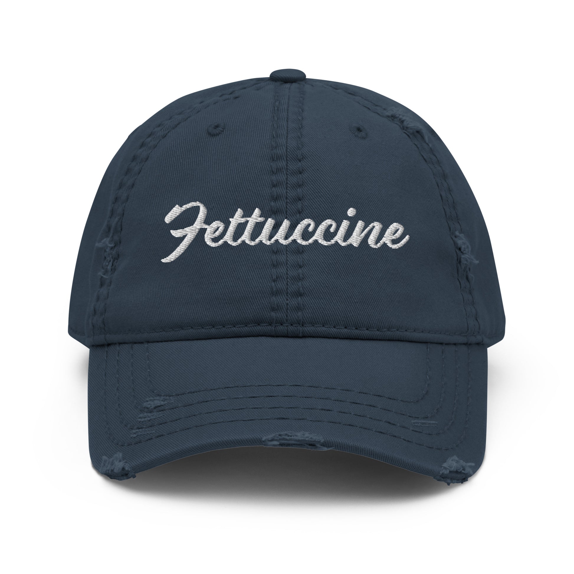 Navy Fettuccine Hat - Are you a fettuccine enthusiast? Looking for the perfect gift for a pasta lover? This Fettuccine Hat is just what you need. It's a comfortable cotton hat with an adjustable closure and "Fettuccine", expertly embroidered on the front. An ideal dad hat for fettuccine lovers and foodies of all kinds. Designed by Nina and made just for you!