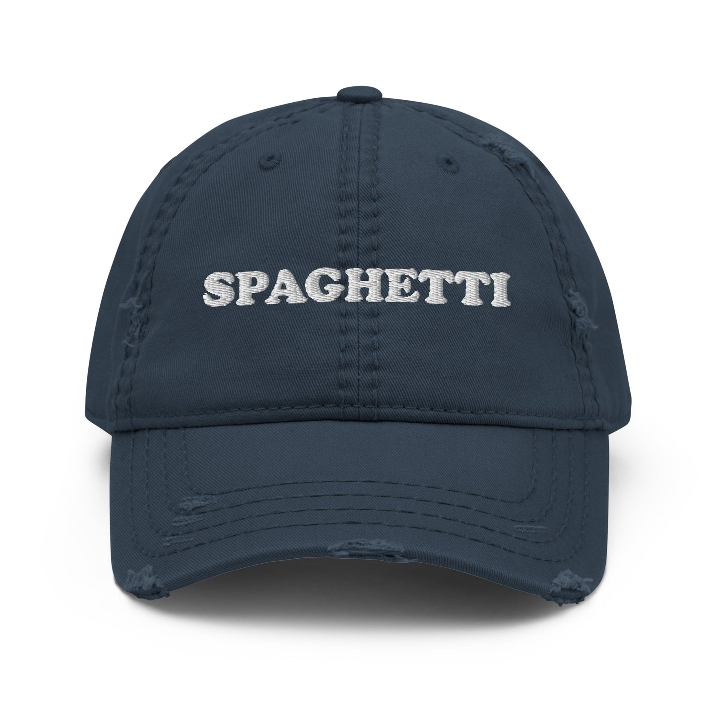 Navy Spaghetti Hat - Love spaghetti? Looking for a gift for your favorite pasta enthusiast? This Spaghetti Hat is made of comfortable cotton with an adjustable closure and "Spaghetti", expertly embroidered on the front. A funny foodie hat, designed by Nina and made just for you! Looking for something personalized? Shoot us an email!