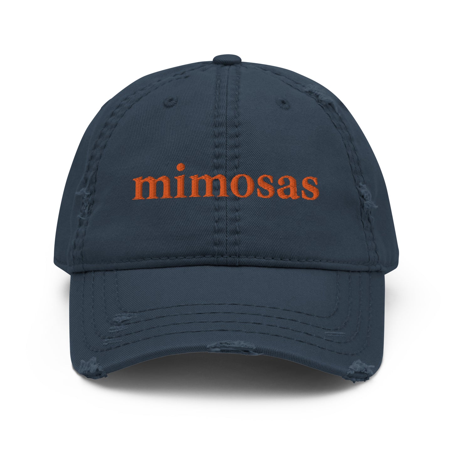 Navy Mimosas Hat - Love mimosas? Looking for a gift for a mimosa enthusiast? Our Mimosas Hat is comfortable, adjustable and made just for you. It's a classic dad hat, with stylish distressed material and a funny embroidered design.