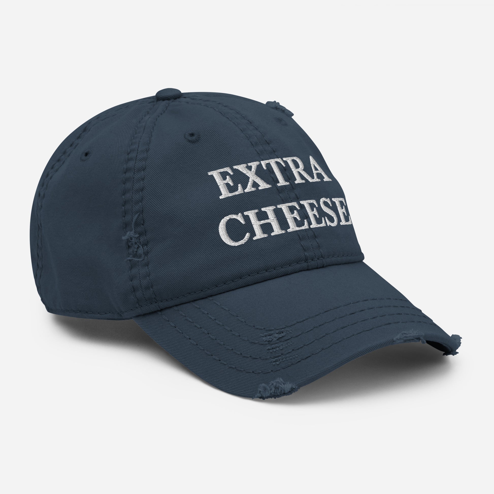 Navy Extra Cheese Dad Hat from Nina's Funky Shop by ninanush - Do you love cheese? Looking for a funny gift for a friend? This Extra Cheese Dad Hat is just what you need. It's comfortable with a stylish distressed fabric, expertly embroidered with the words "Extra Cheese." Stand out and add a little personality to your everyday style in this funny dad hat for cheese enthusiasts.