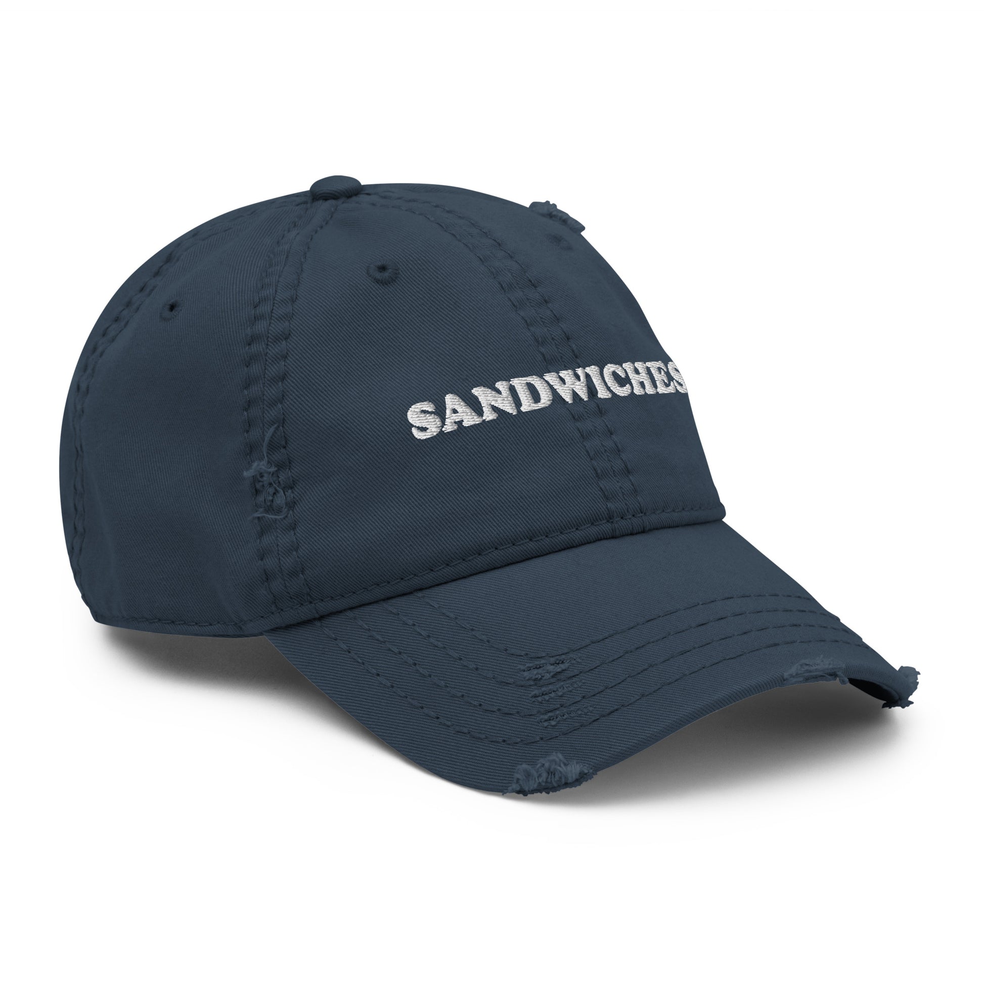 Blue Sandwiches Hat - Love sandwiches? Looking for a funny gift for a friend? This embroidered Sandwiches dad hat is just what you need! It's a comfortable everyday hat with a stylish distressed fabric. The perfect hat for sandwich enthusiasts and foodies of all kinds. Celebrate your favorite foods in our funky foodie clothing and accessories.