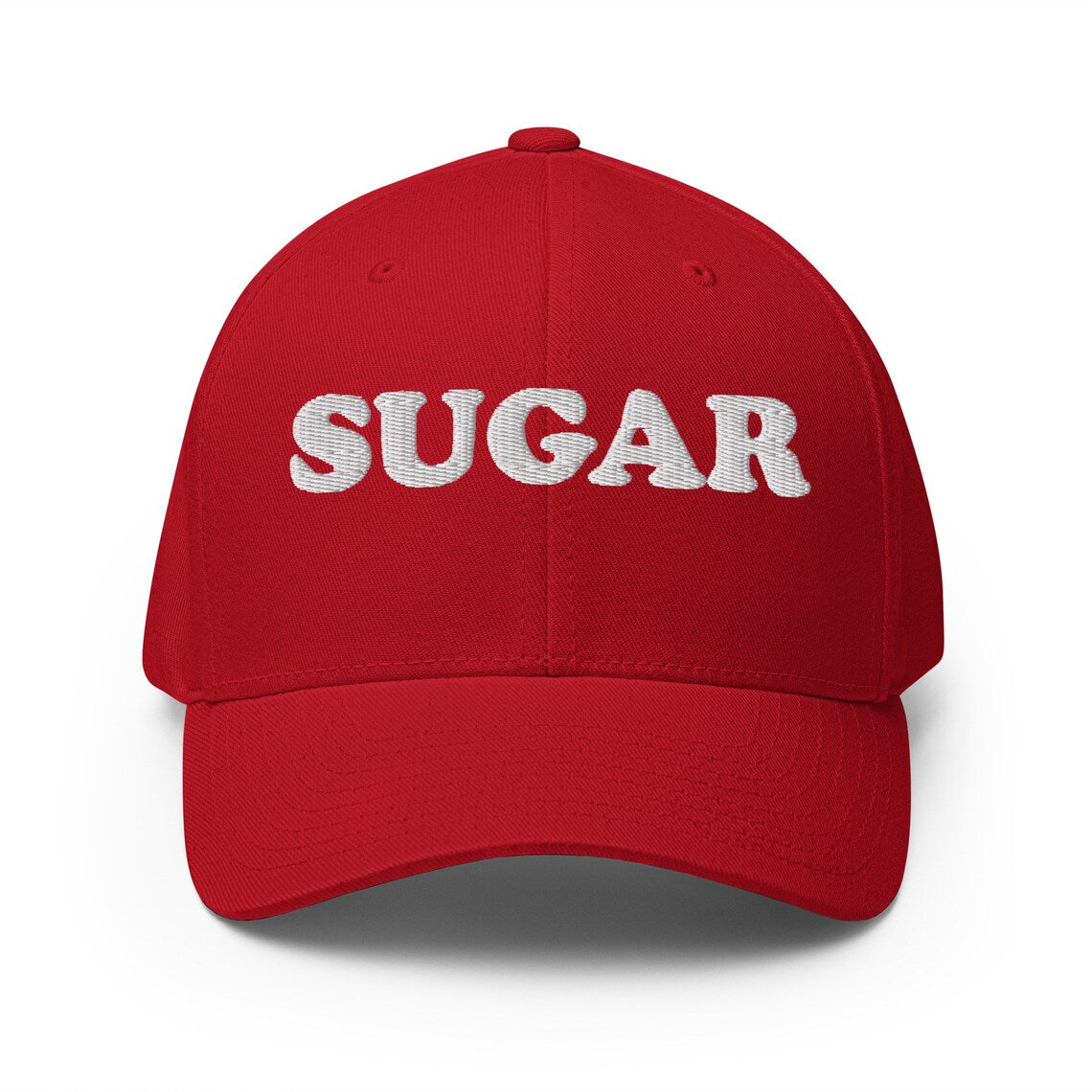 Red sugar hat - An embroidered comfortable fitted hat for sweet tooth's and sugar addicts. Eat your favorite deserts in style in this funny food hat. It's a unique sugar lover hat that stands out and shows your love of deserts and all things sweet. If you love sugar this hat is for you, or give it as a gift for a sugar enthusiast.