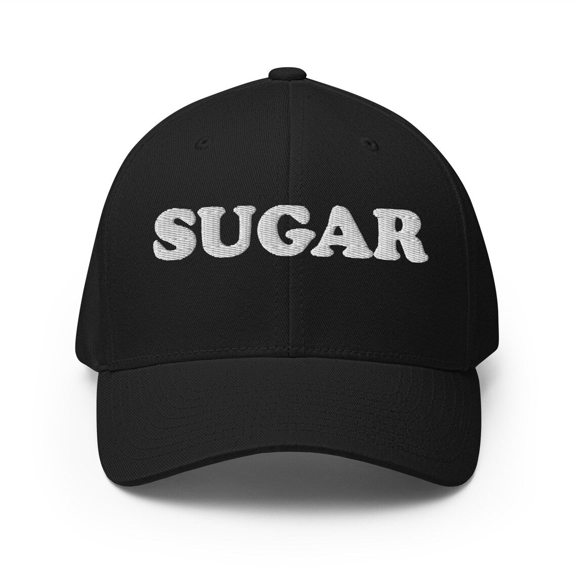 Black sugar hat - An embroidered comfortable fitted hat for sweet tooth's and sugar addicts. Eat your favorite deserts in style in this funny food hat. It's a unique sugar lover hat that stands out and shows your love of deserts and all things sweet. If you love sugar this hat is for you, or give it as a gift for a sugar enthusiast.