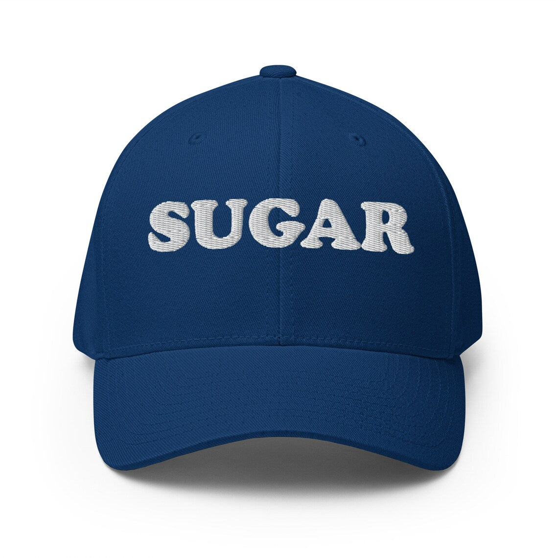 Royal blue sugar hat - An embroidered comfortable fitted hat for sweet tooth's and sugar addicts. Eat your favorite deserts in style in this funny food hat. It's a unique sugar lover hat that stands out and shows your love of deserts and all things sweet. If you love sugar this hat is for you, or give it as a gift for a sugar enthusiast.