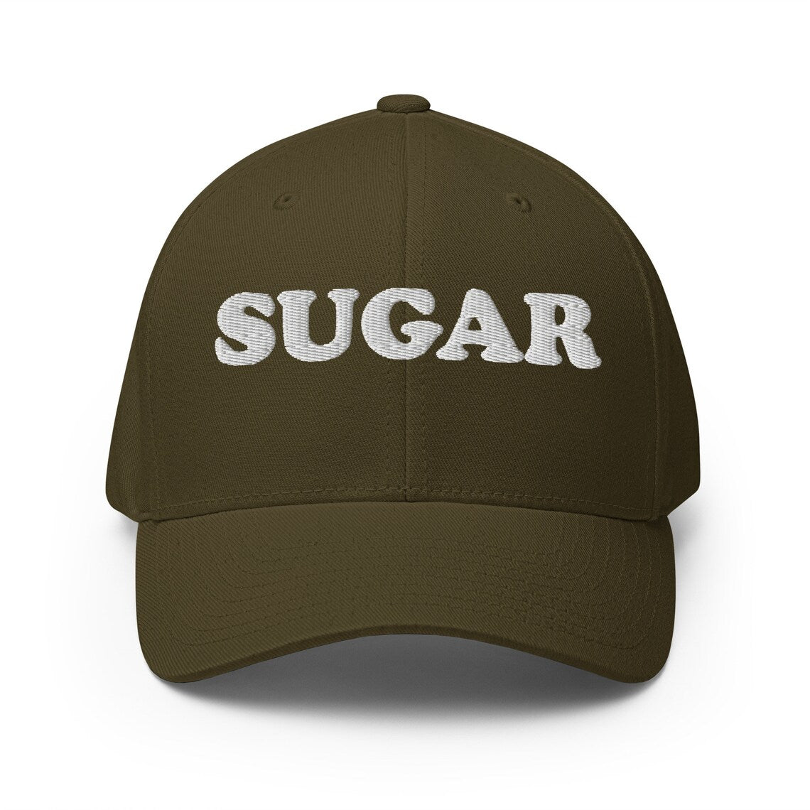 Olive green sugar hat - An embroidered comfortable fitted hat for sweet tooth's and sugar addicts. Eat your favorite deserts in style in this funny food hat. It's a unique sugar lover hat that stands out and shows your love of deserts and all things sweet. If you love sugar this hat is for you, or give it as a gift for a sugar enthusiast.